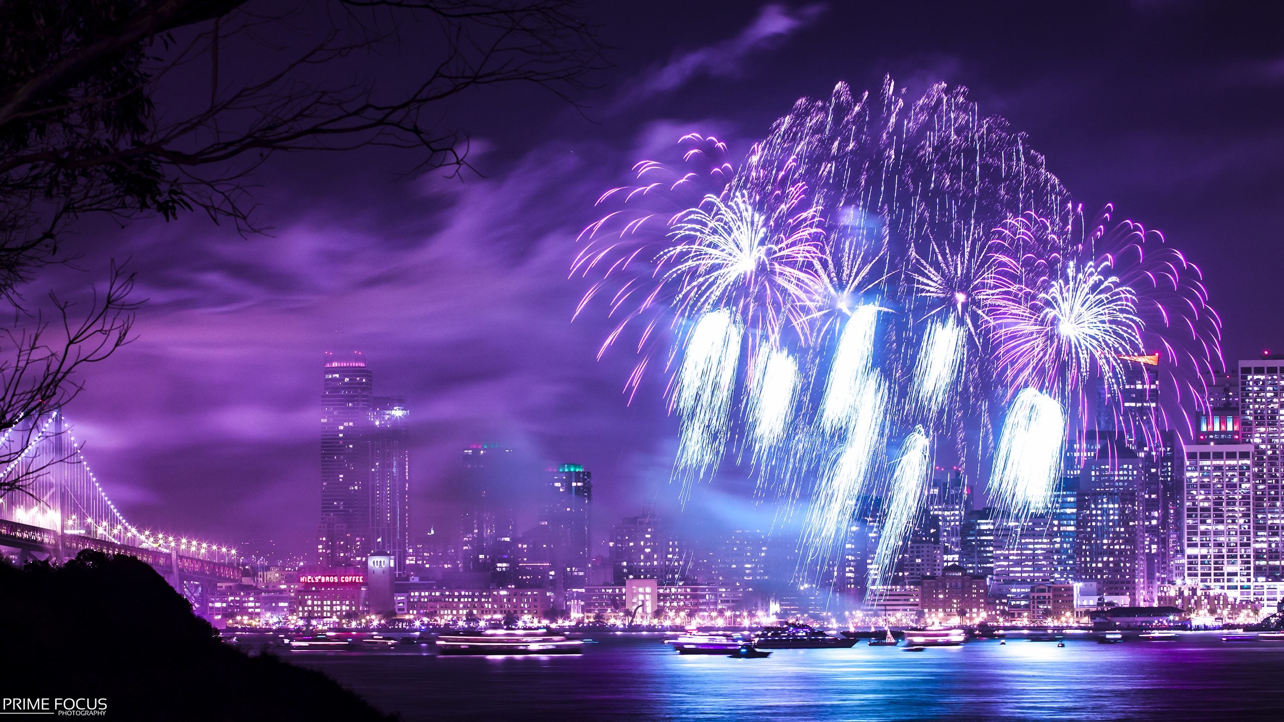 2560x1440 Purple Fireworks Background | Fireworks Night Purple Timelapse Buildings  Skyscrapers wallpaper .