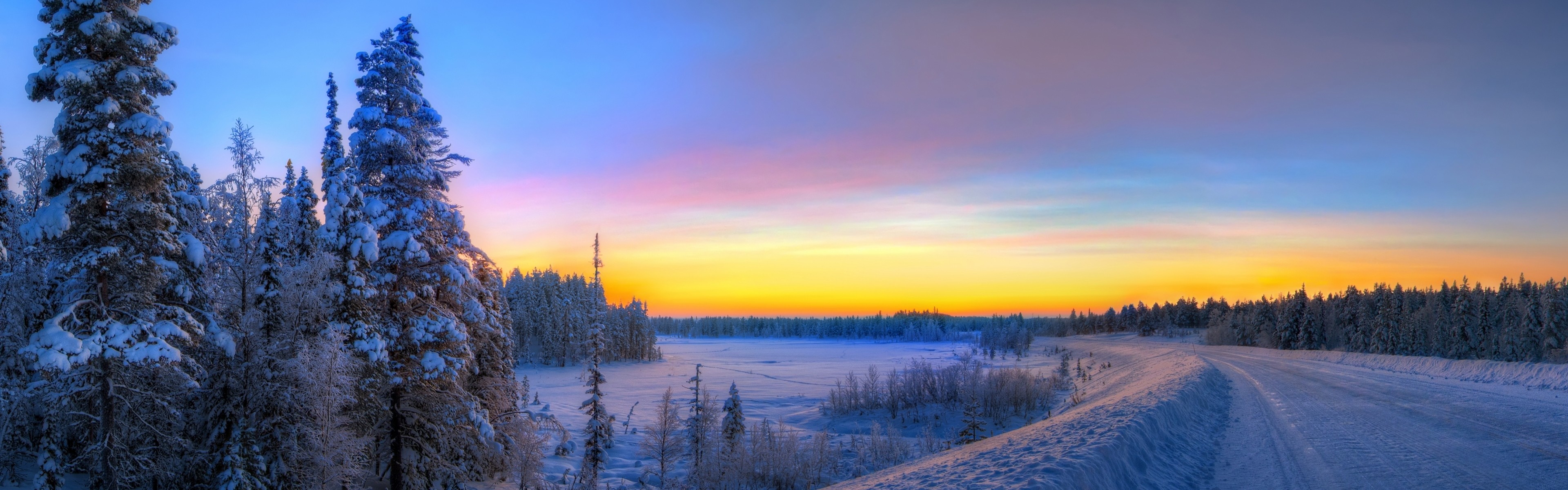 3840x1200 Preview wallpaper panorama, sunset, road, winter, landscape 