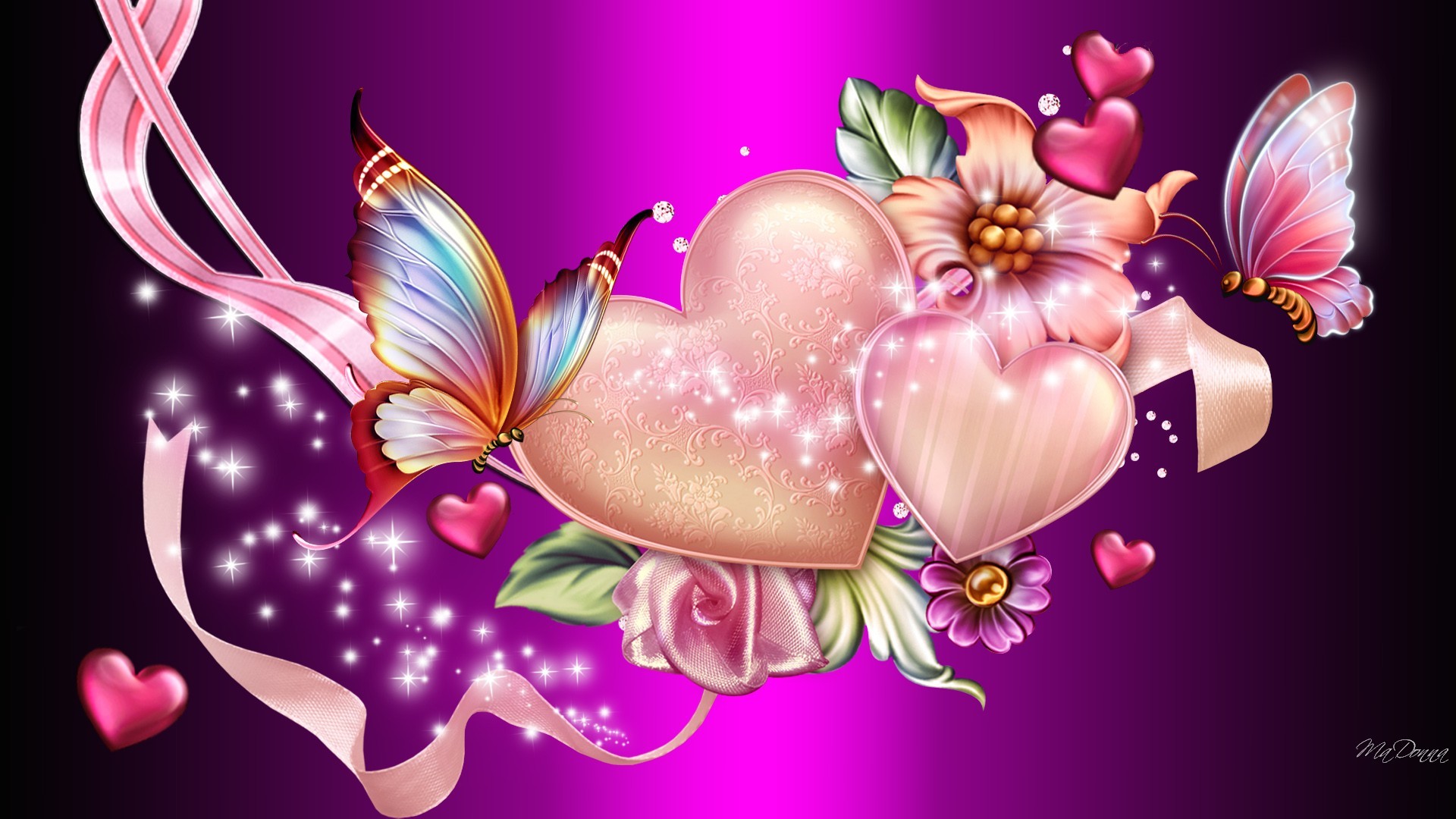 1920x1080 Artistic - Heart Artistic Abstract Pink Butterfly Sparkles Flower Wallpaper