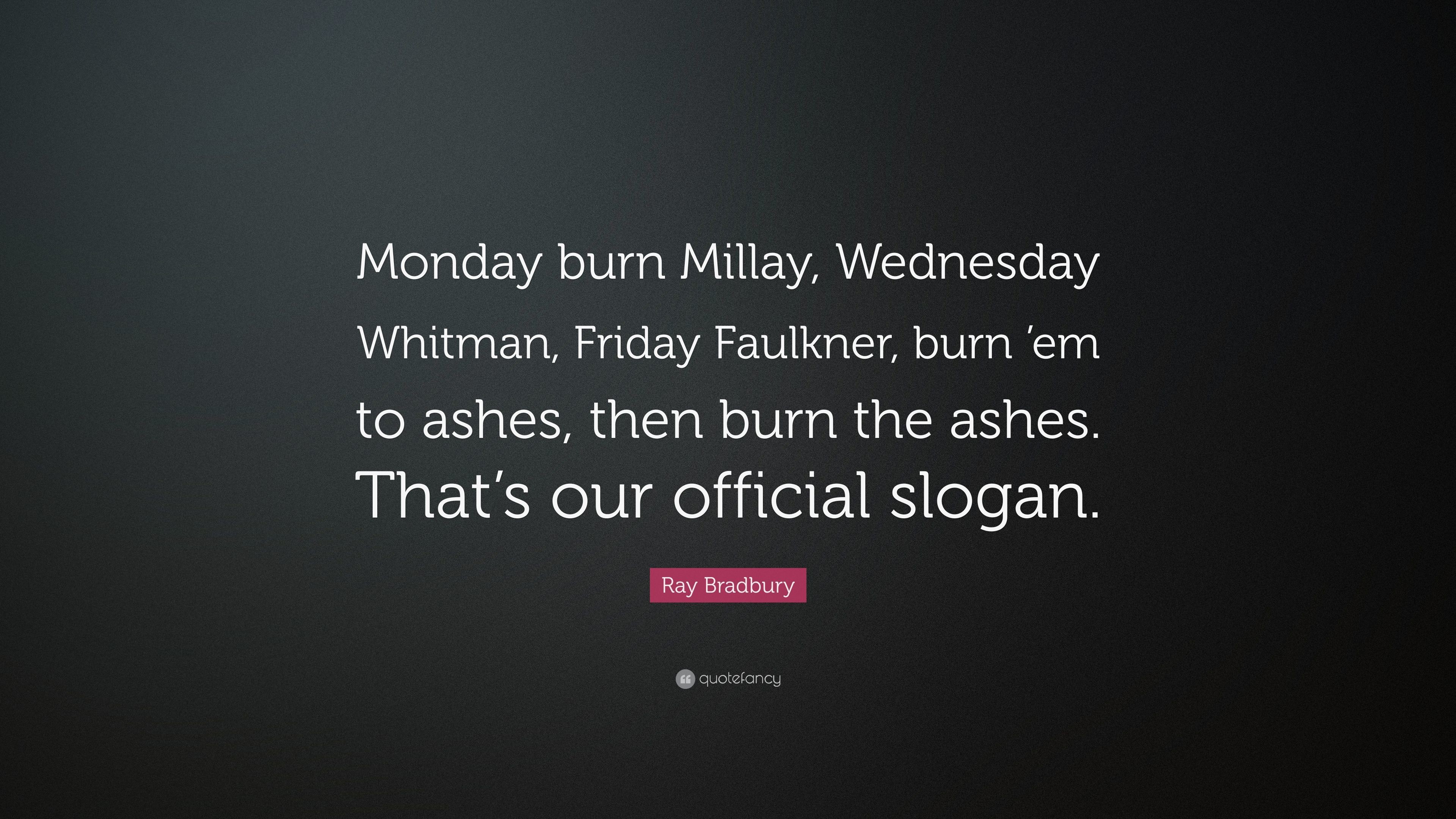 3840x2160 Ray Bradbury Quote: “Monday burn Millay, Wednesday Whitman, Friday  Faulkner, burn