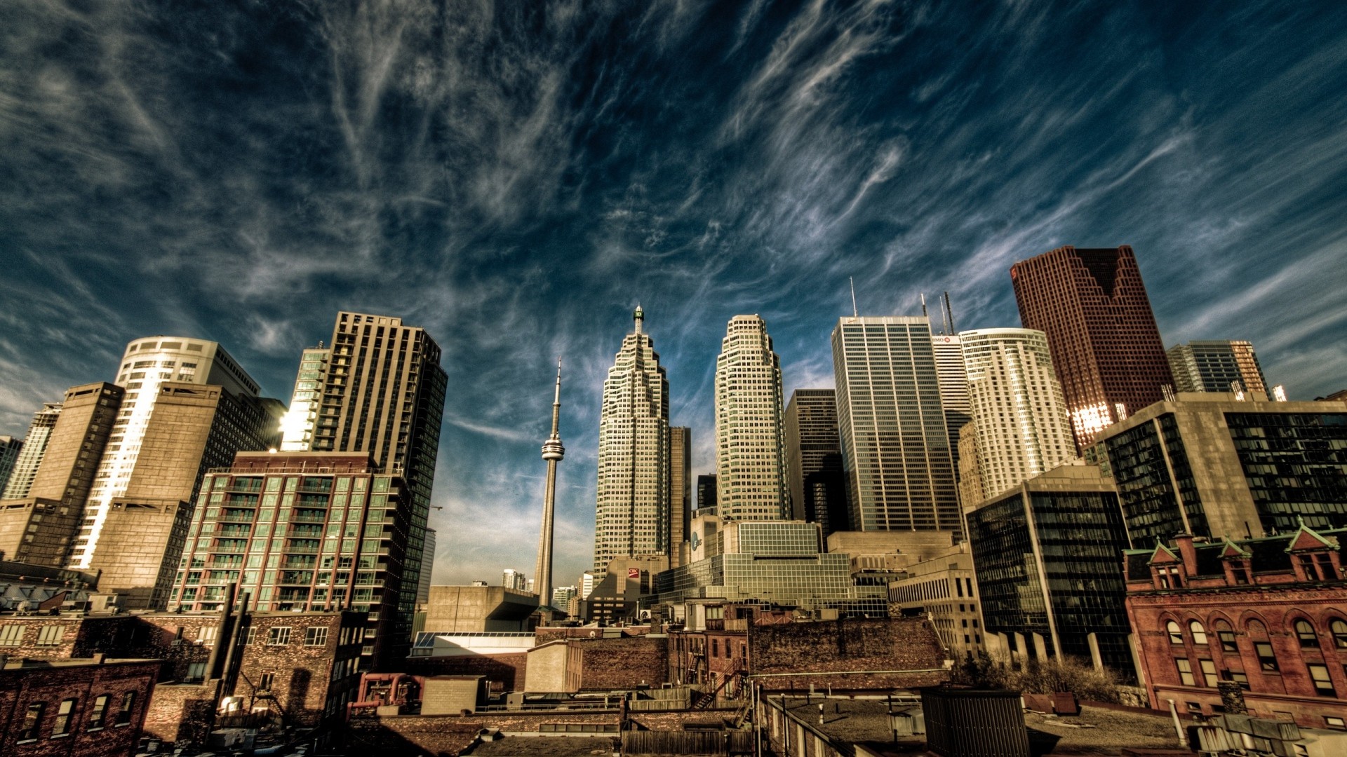 1920x1080 Preview wallpaper toronto, morning, sunrise, buildings, sky, clouds, high-