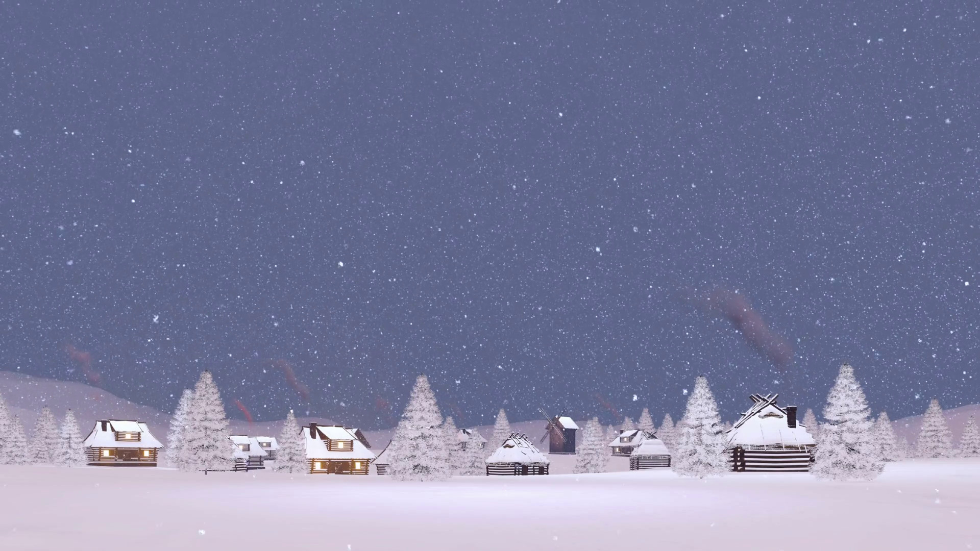 1920x1080 Winter rural scenery with cozy snow covered village and snowy firs at heavy  snowfall during evening or morning time. 3D animation rendered in 4K Motion  ...