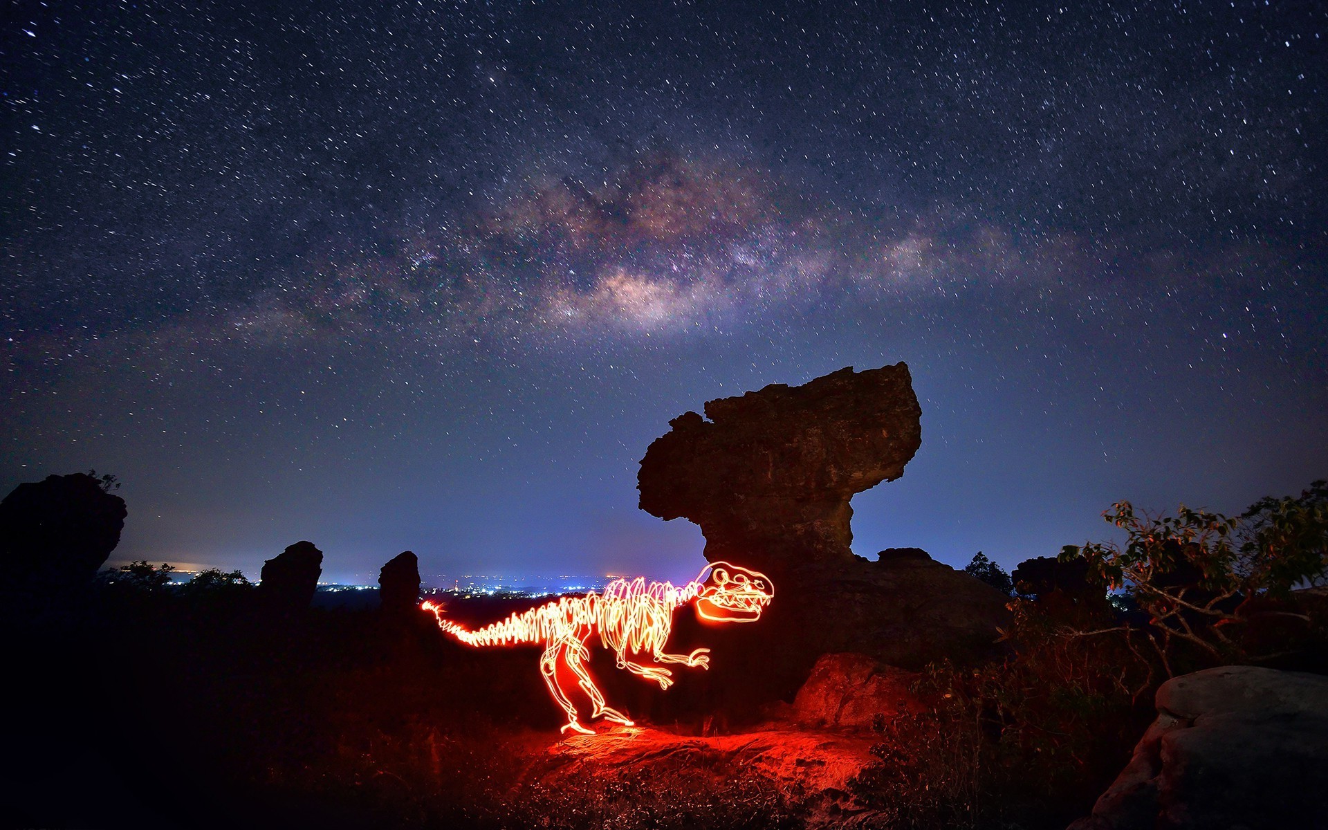 1920x1200 ... Lights, Light Painting, Night, Nature, Landscape, Dinosaurs, Rock, Stars,  Trees, Branch, Milky Way Wallpapers HD / Desktop and Mobile Backgrounds