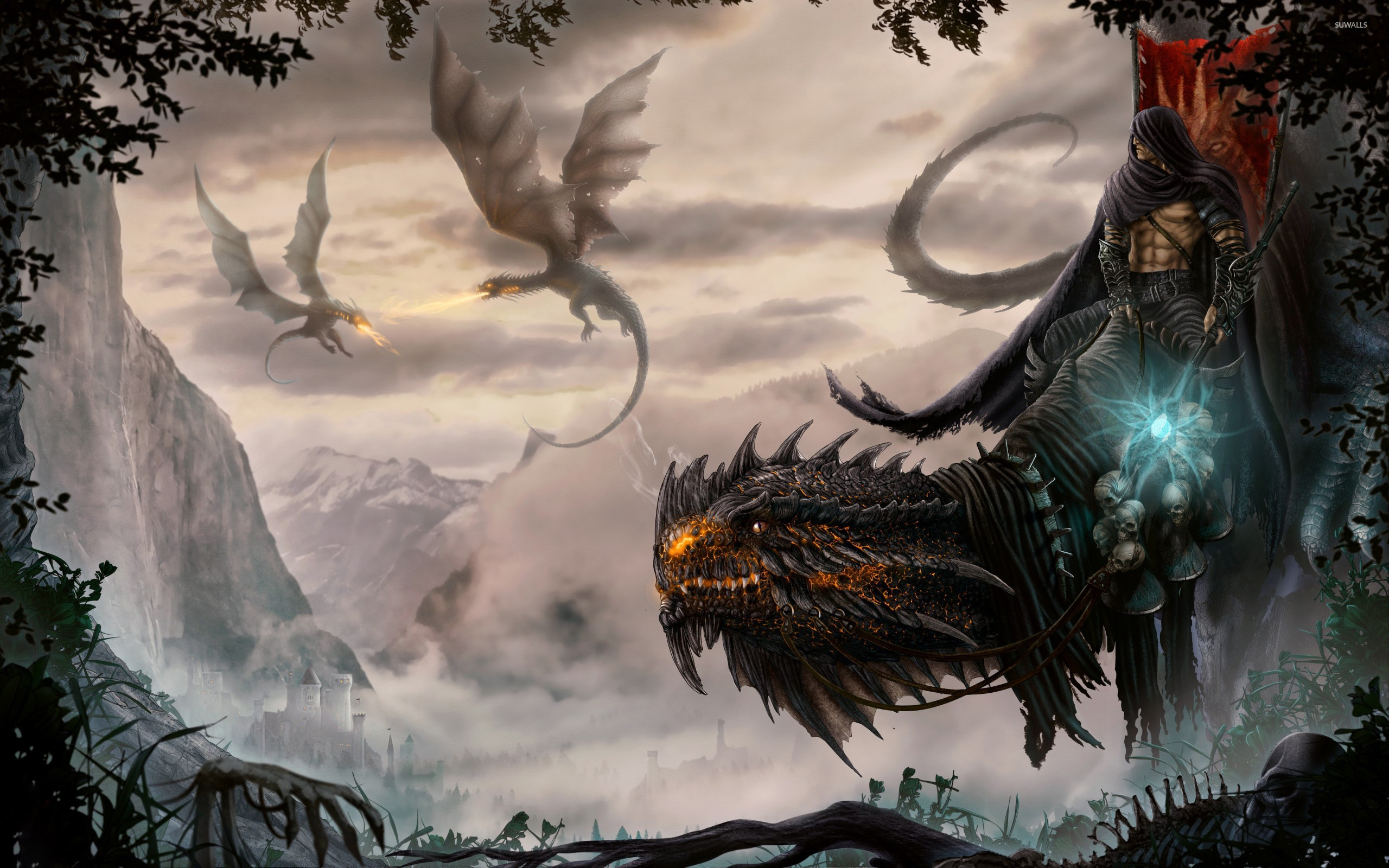 2560x1600 Dragons fight above the castle wallpaper