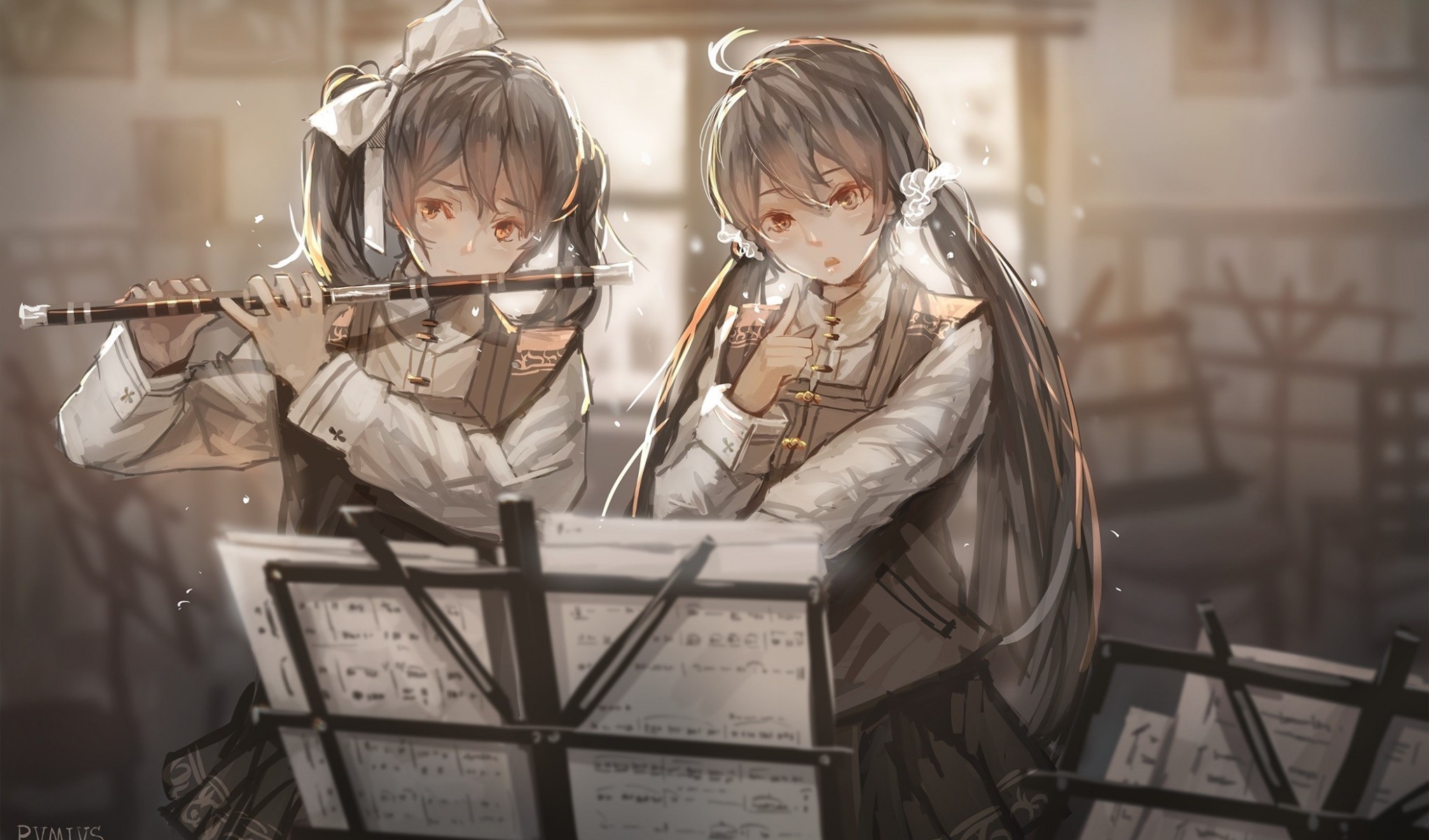 2040x1200 Anime Girls, Flute, Instrument, Painting