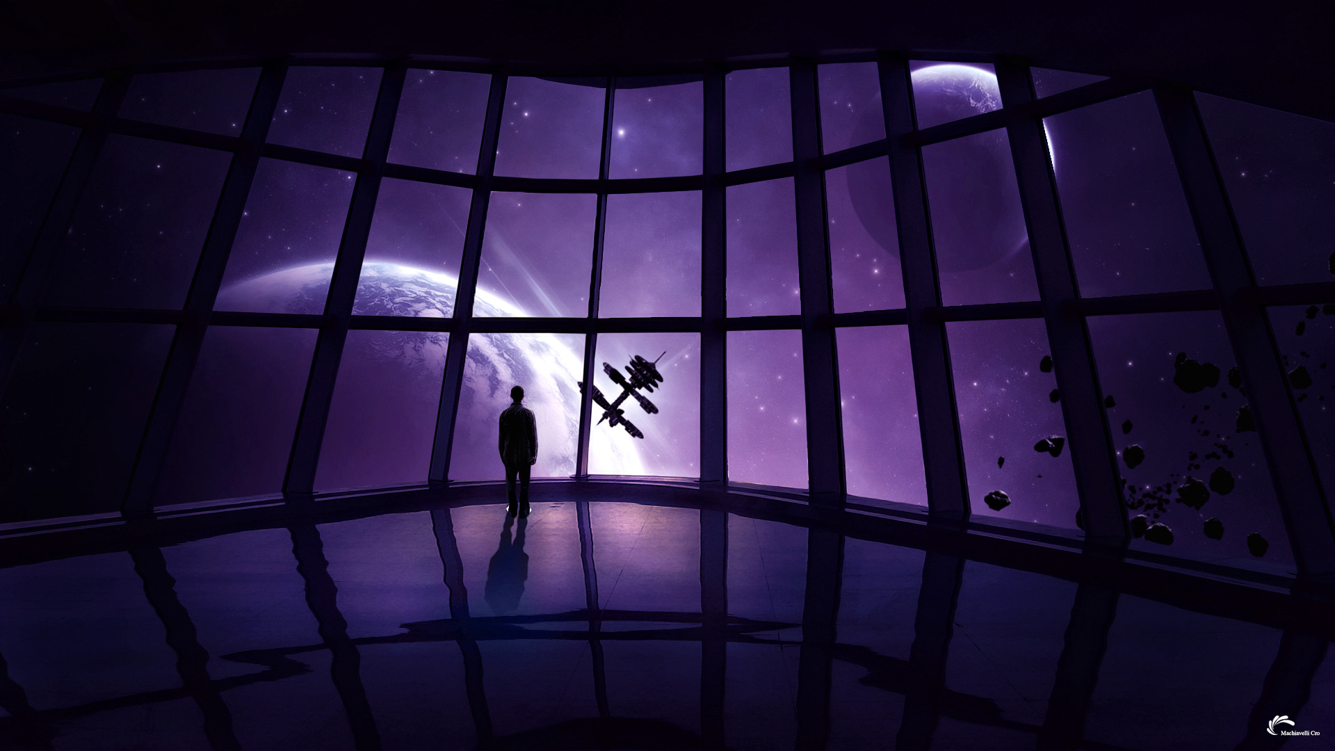 1920x1080 sci fi science fiction art artistic spaceship spacecraft window people  satellite planets moon stars purple dark futuristic glass wallpaper b.