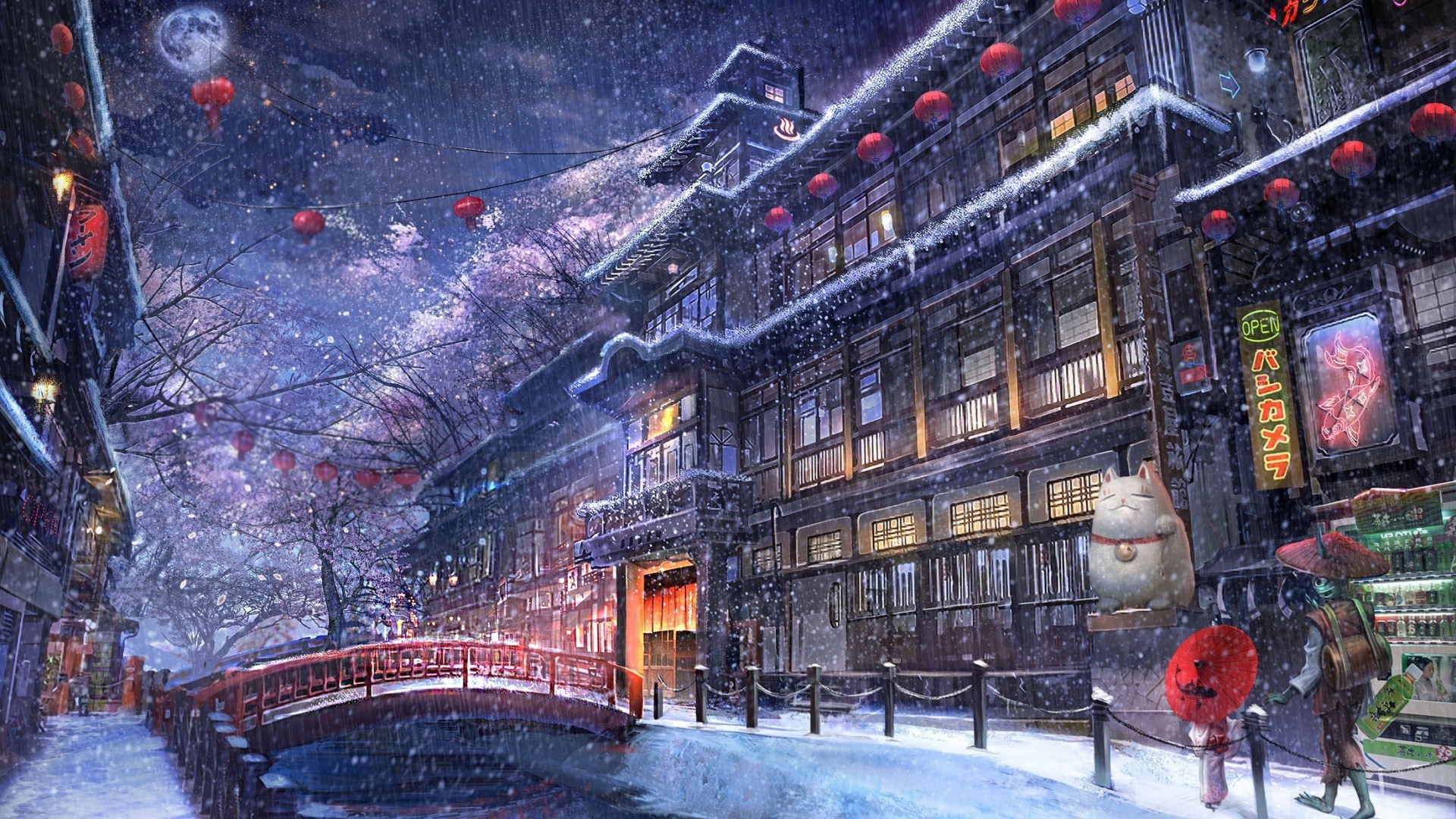 1920x1080 Anime Traditional City, Raining, Snow, Moon, People, River