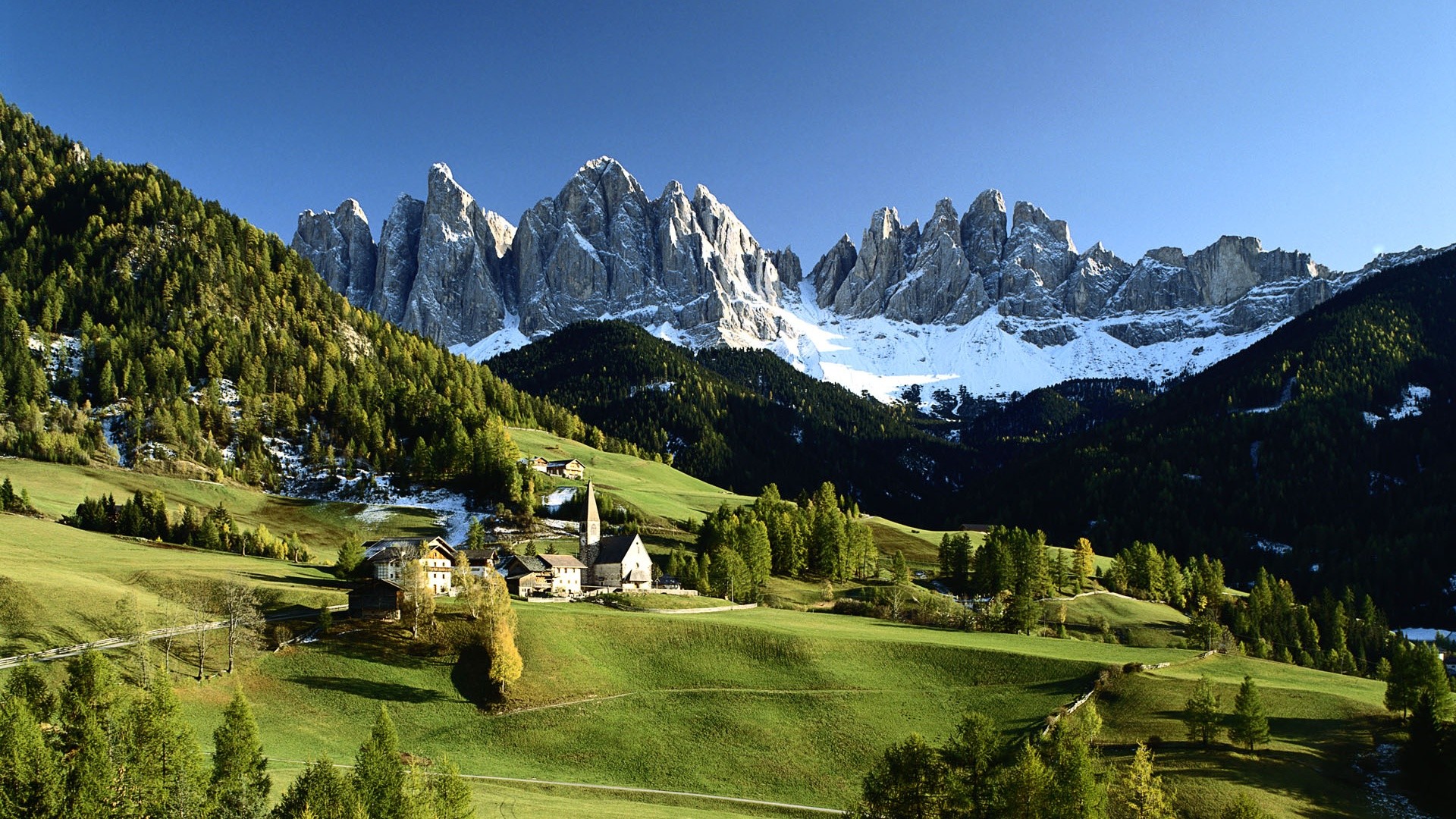 1920x1080 Italian countryside scenery, snow-capped mountains, green trees, houses  wallpaper  Full