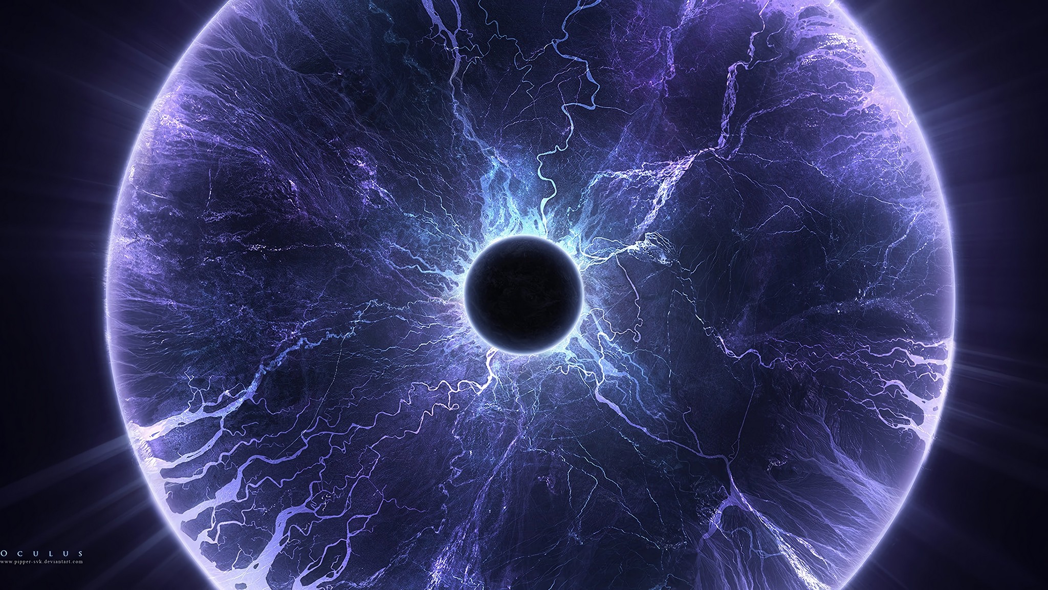 2048x1152  Wallpaper planet, lightning, eclipse, halo, glow, purple