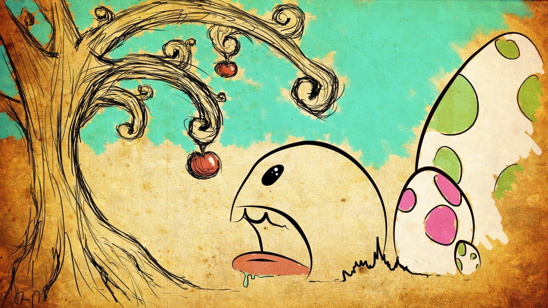 1920x1080 Cute monster trying to eat the apple HD Wallpaper 
