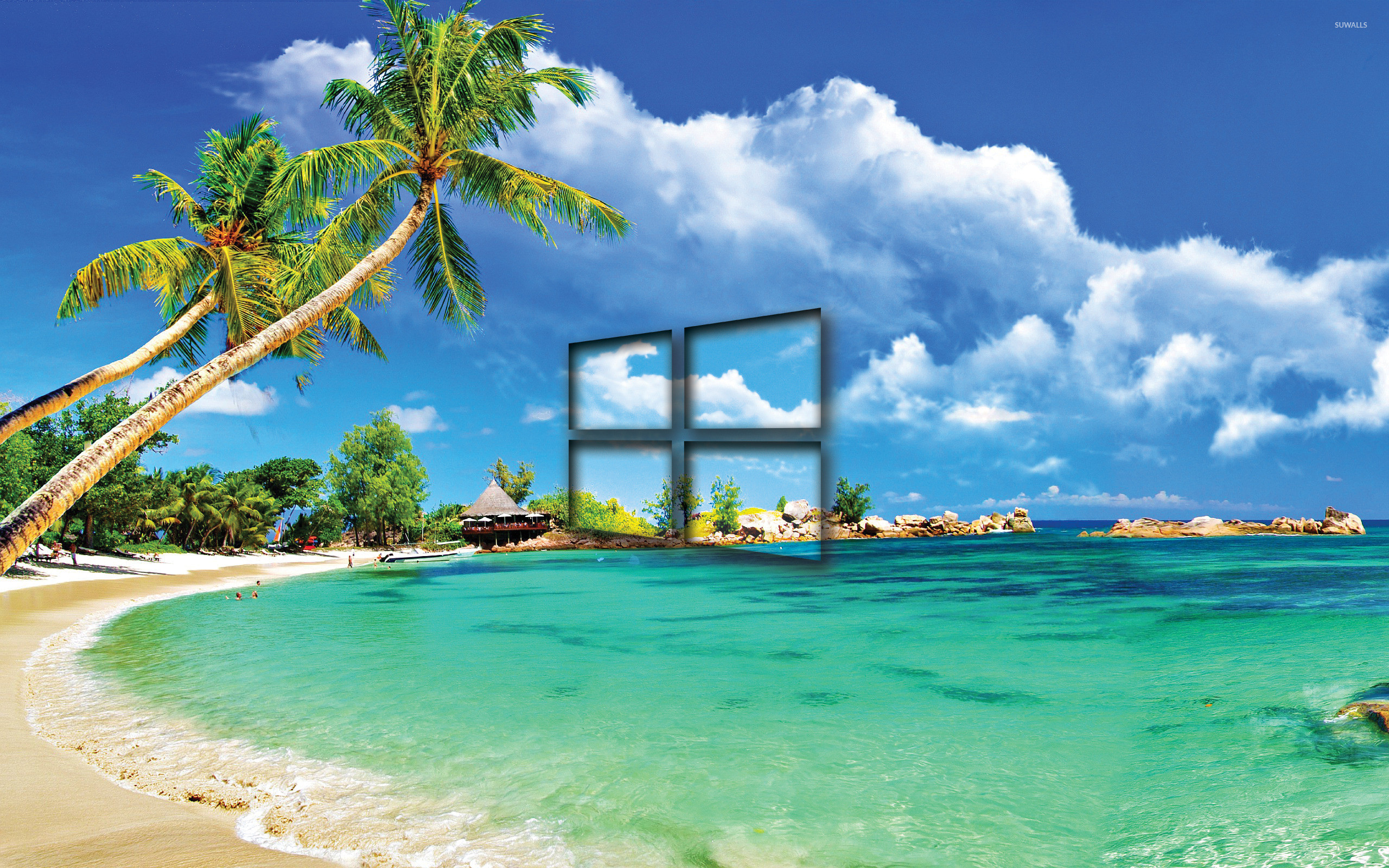 2560x1600 Windows 10 transparent logo on a tropical beach wallpaper