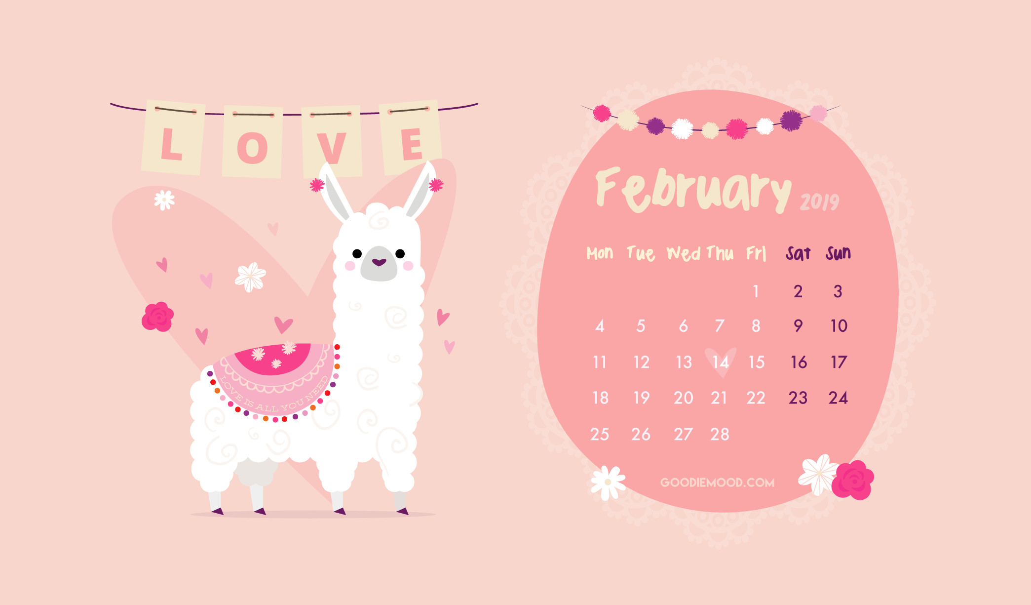 2089x1225 Download your free calendar for your desktop for February 2019 - cute llama