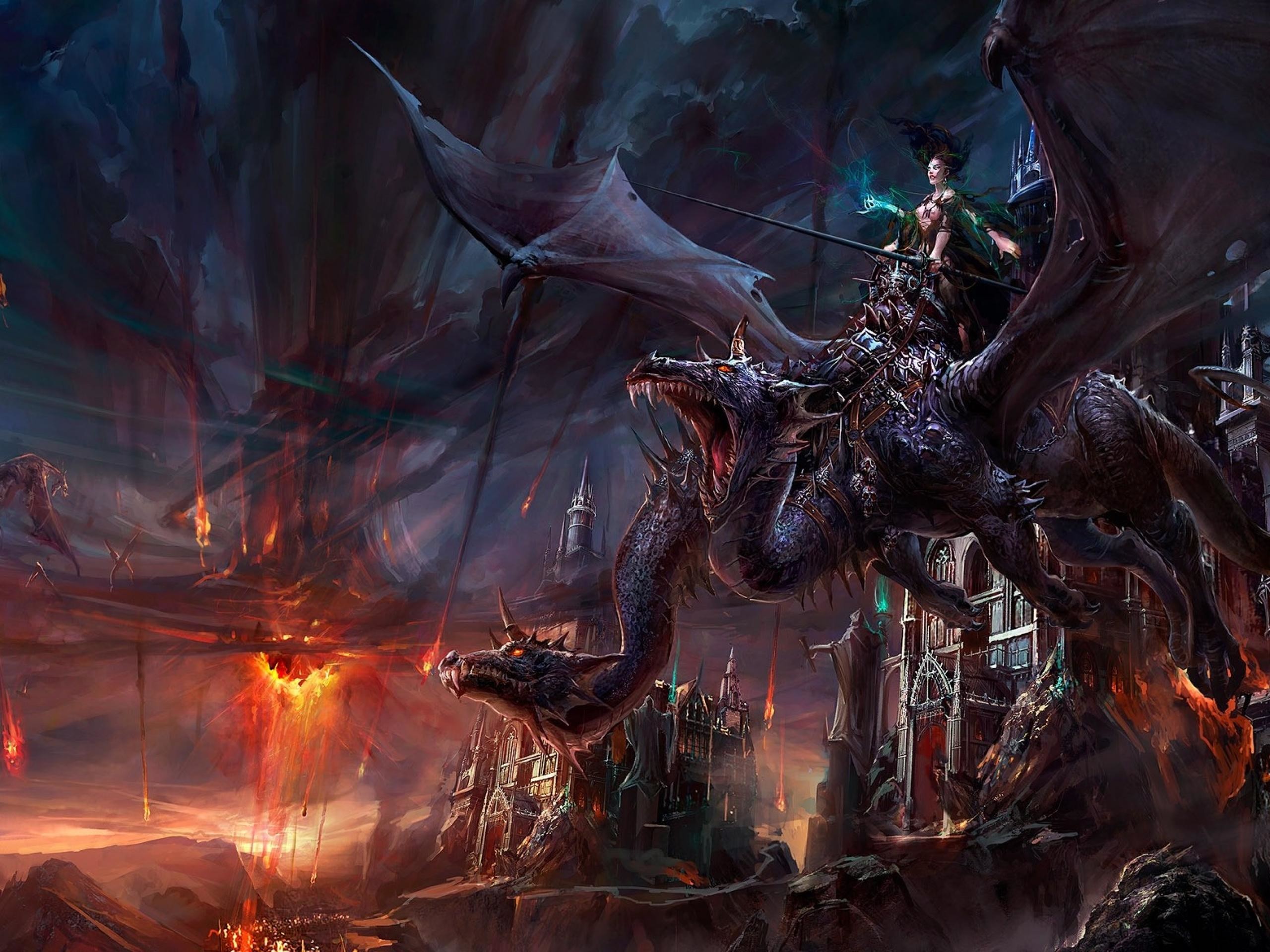 2560x1920 This fantasy wallpaper shows a world where warriors ride dragons and battle  it out in the sky. This dragon also seems like a beast that would only rise  on ...