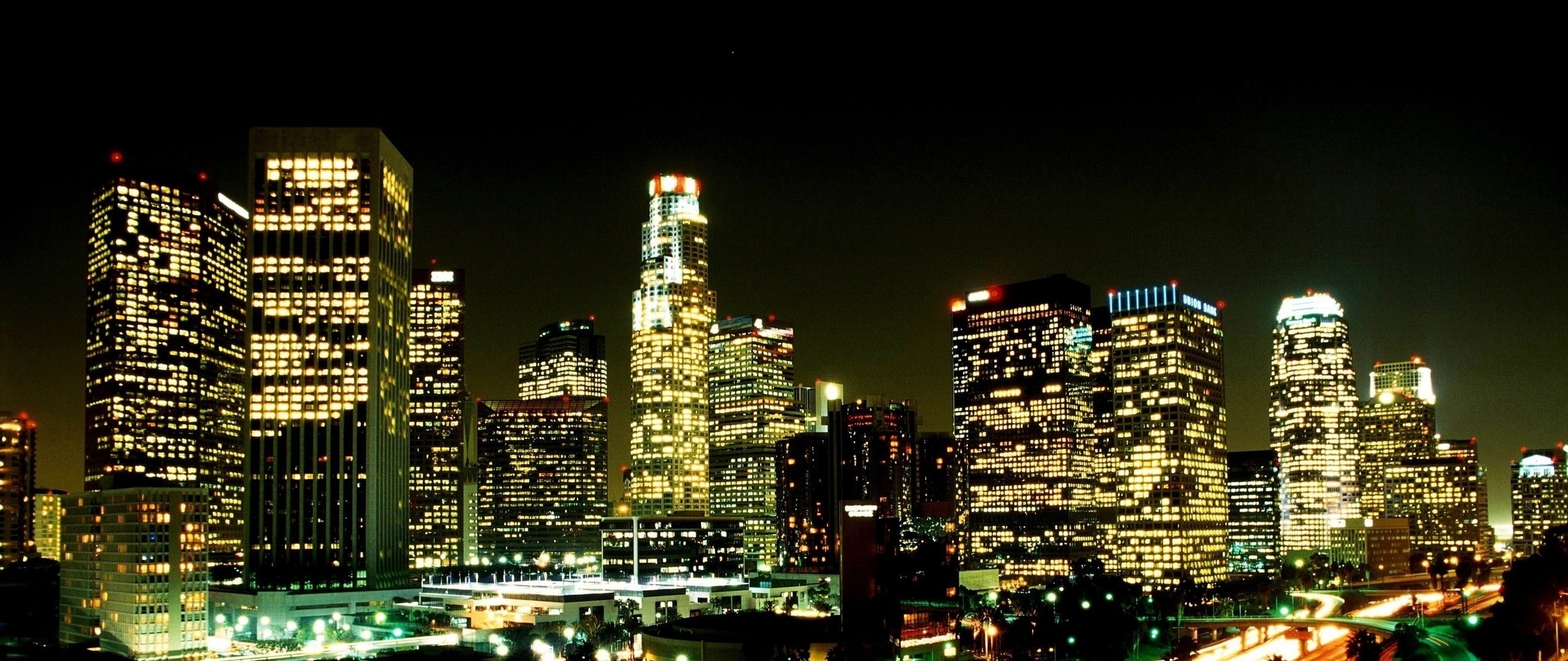 2560x1080 Preview wallpaper los angeles, city, night, street, skyscrapers 