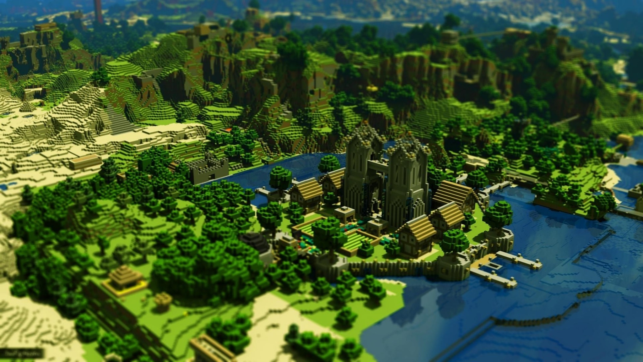 2048x1152 Preview wallpaper minecraft, trees, houses, mountains, water 