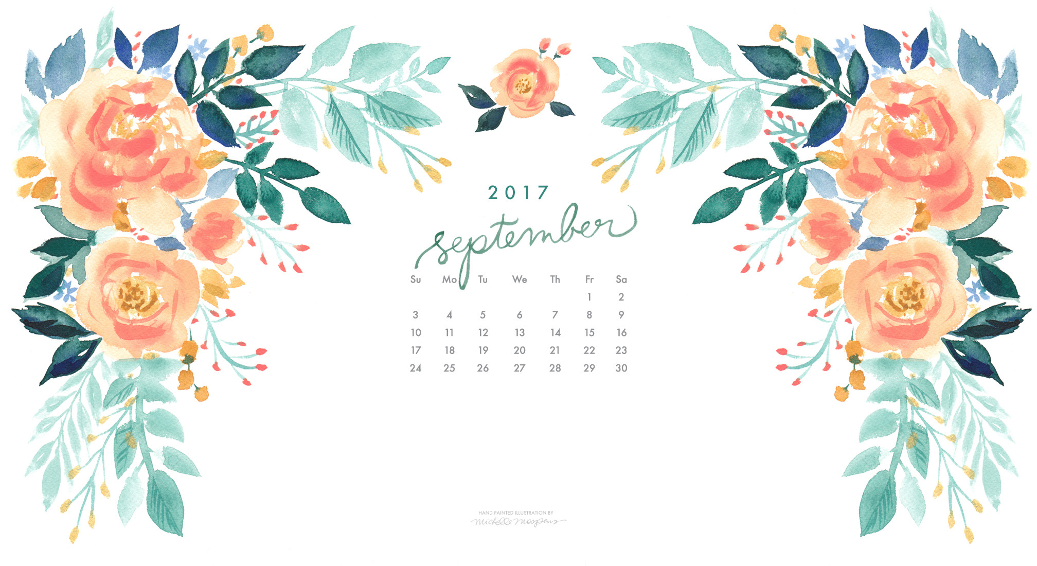 2016x1100 Pretty peach blooms watercolor September 2017 calendar wallpaper for your  computer. 100% original art