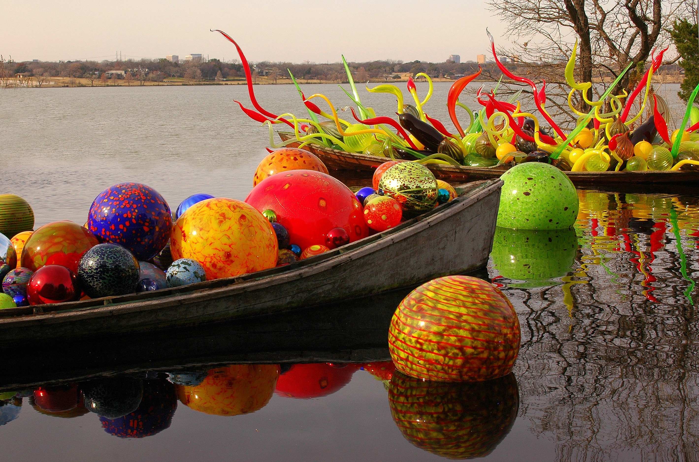 2839x1878 Chihuly Boats full of glass at the Dallas Arboretum. White Rock Lake in the  background