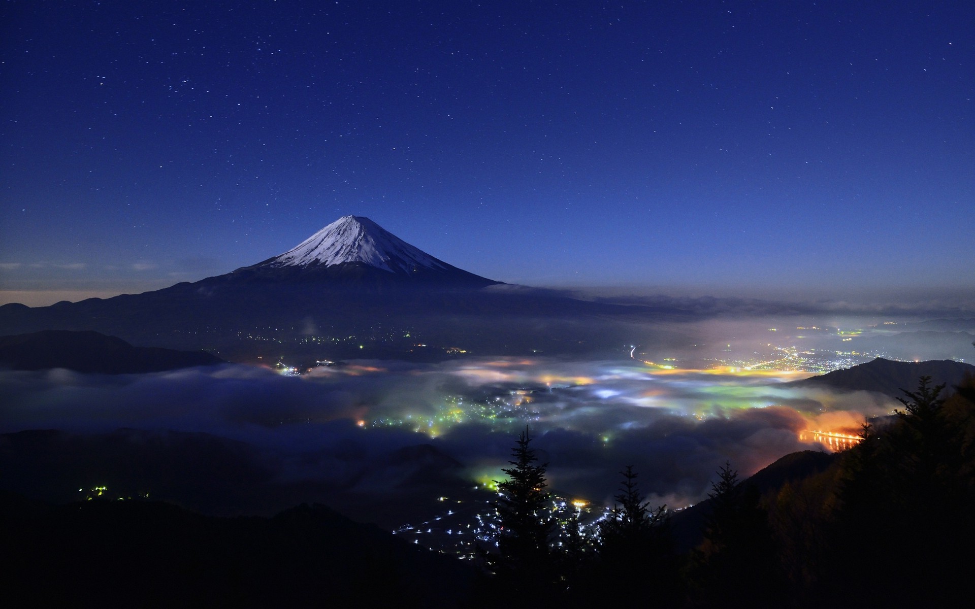 1920x1200 nature, Landscape, Starry Night, Mountain, Cityscape, Mist, Snowy Peak,  Lights, Trees, Mount Fuji, Japan Wallpapers HD / Desktop and Mobile  Backgrounds