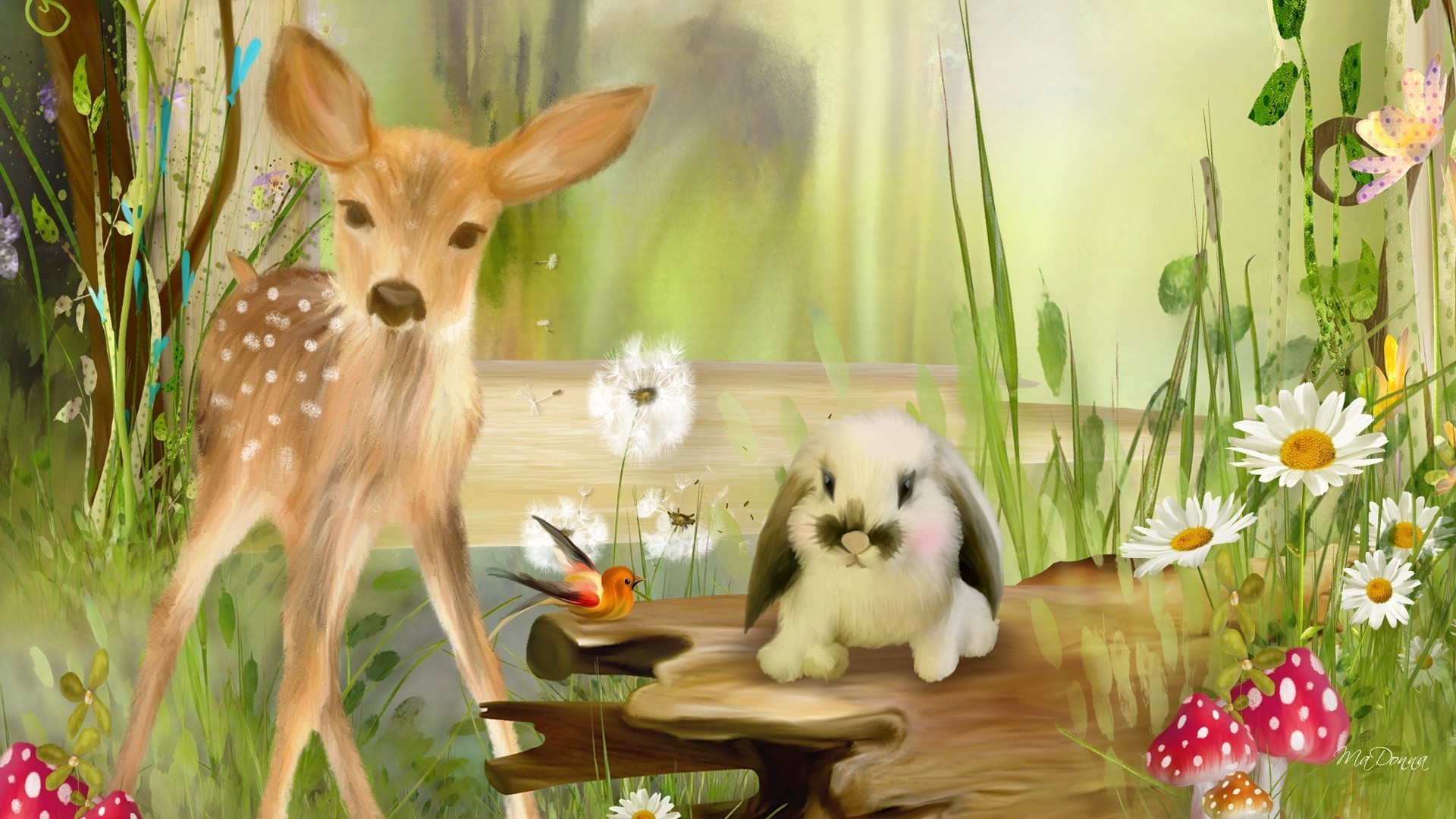 1920x1080 Sweet fawn and spring bunny wallpaper