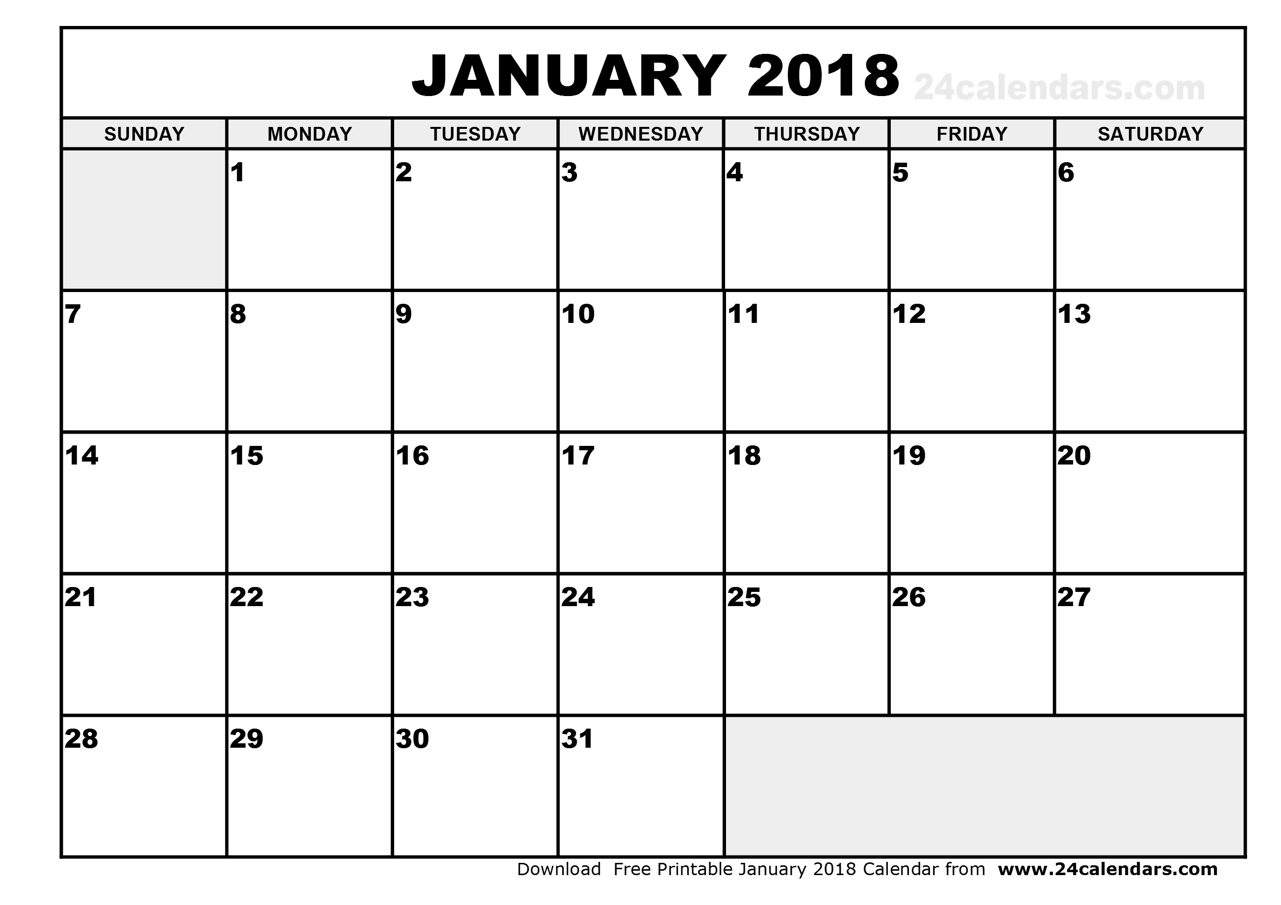 2613x1847 January 2018 printable calendar free