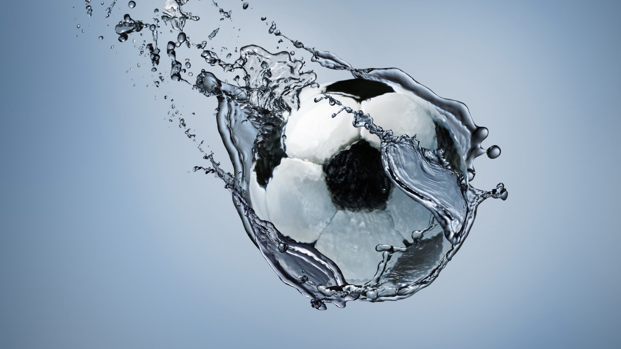 2048x1152 Preview wallpaper football, ball, exercise, water, abstraction 