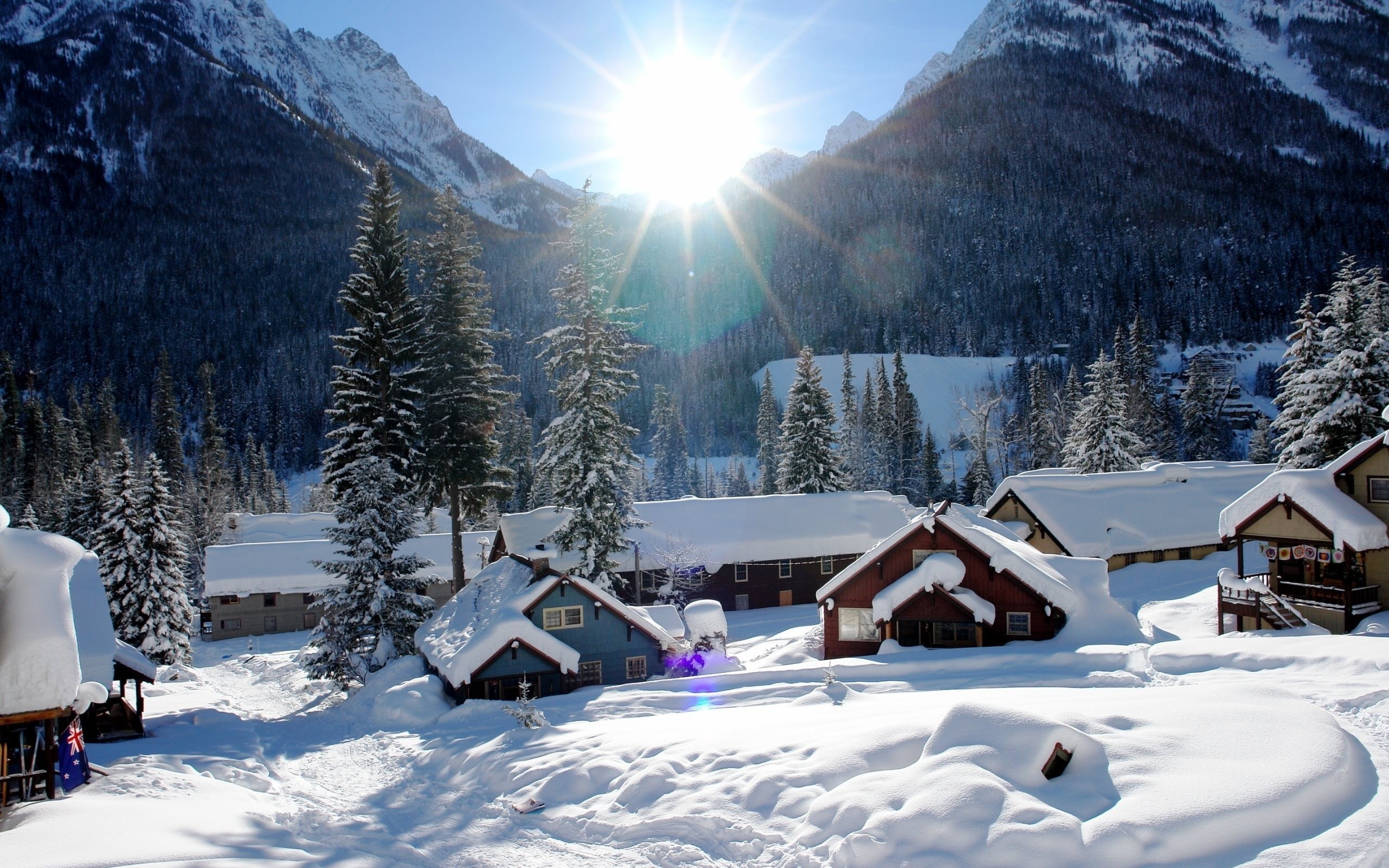 2560x1600  Wallpaper mountains, houses, snow, winter, beautiful
