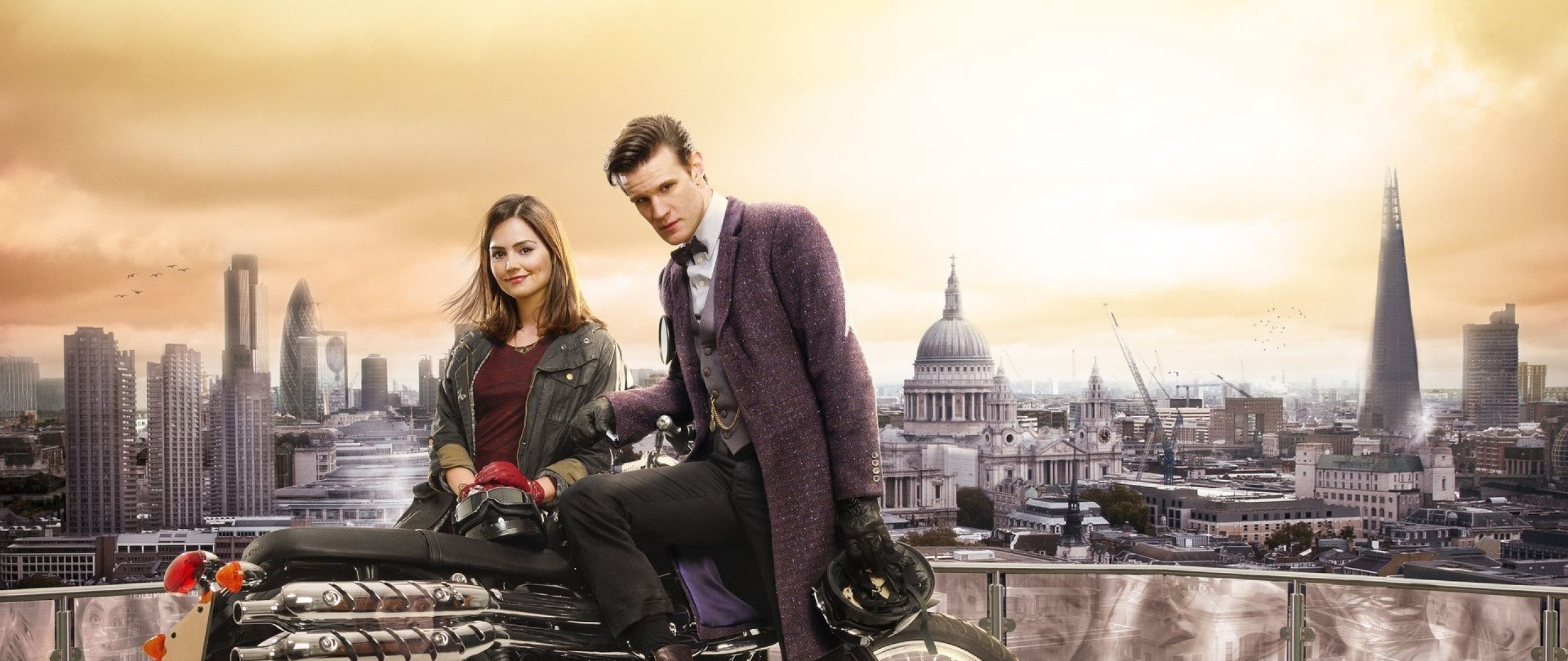 2560x1080 Preview wallpaper doctor who, matt smith, jenna-louise coleman, motorcycle,  london