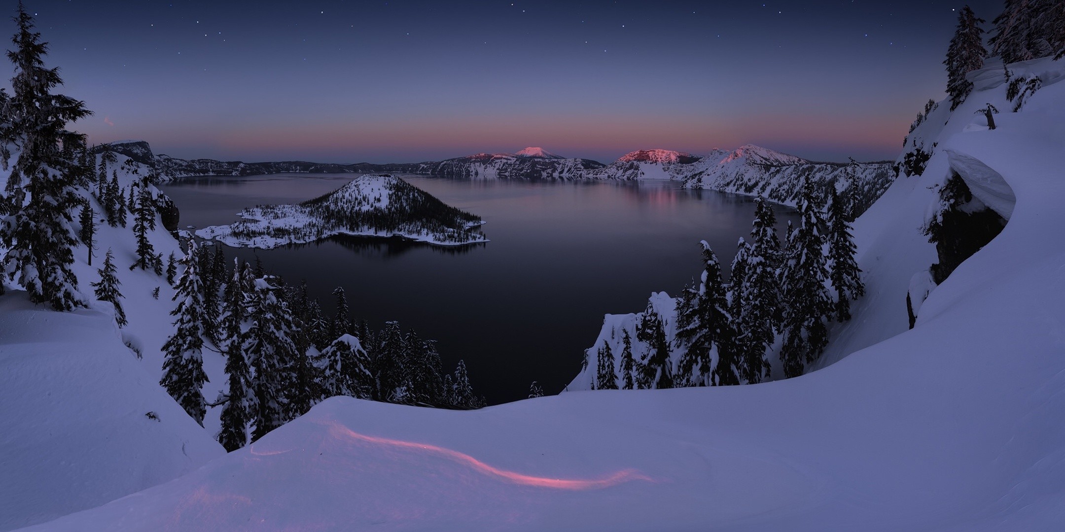2160x1080 Earth - Crater Lake Nature Lake Night Winter Snow Wallpaper