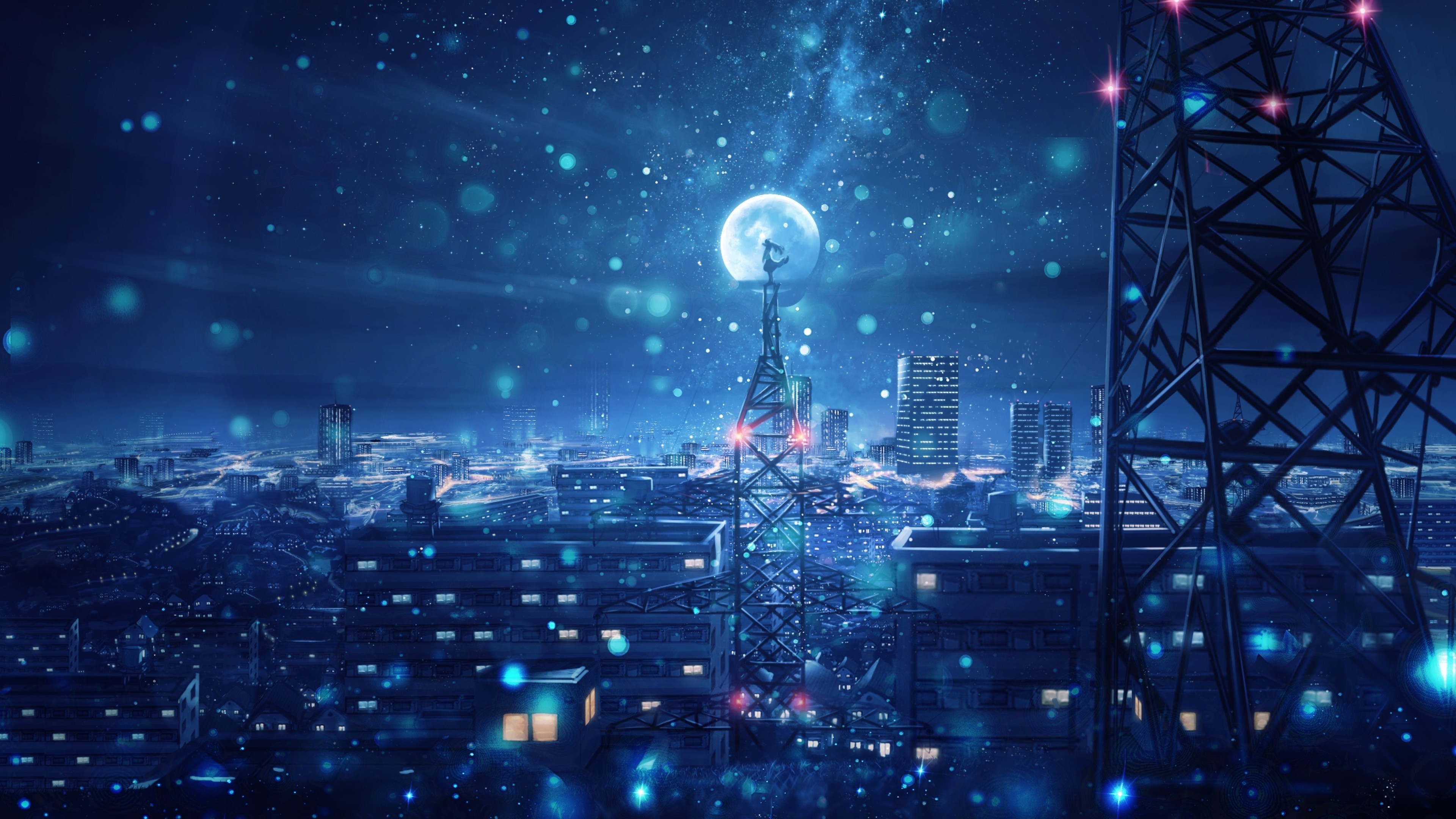 3840x2160 Anime City, Night, Moon, Stars, Sky, Scenic, Girl, Towers