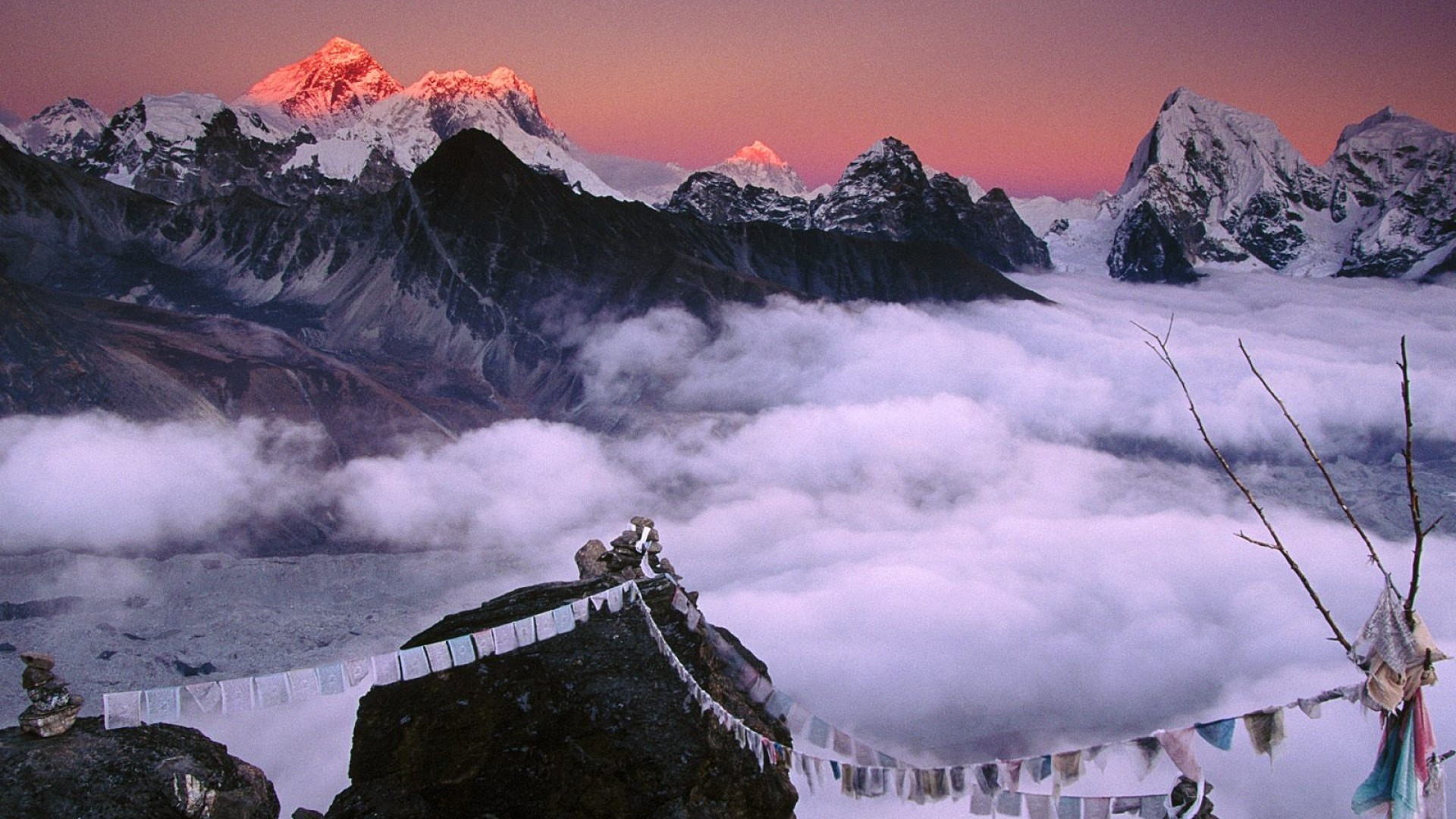 1920x1080 Preview wallpaper peak, top, mountains, ropes, fabric, nepal, everest  