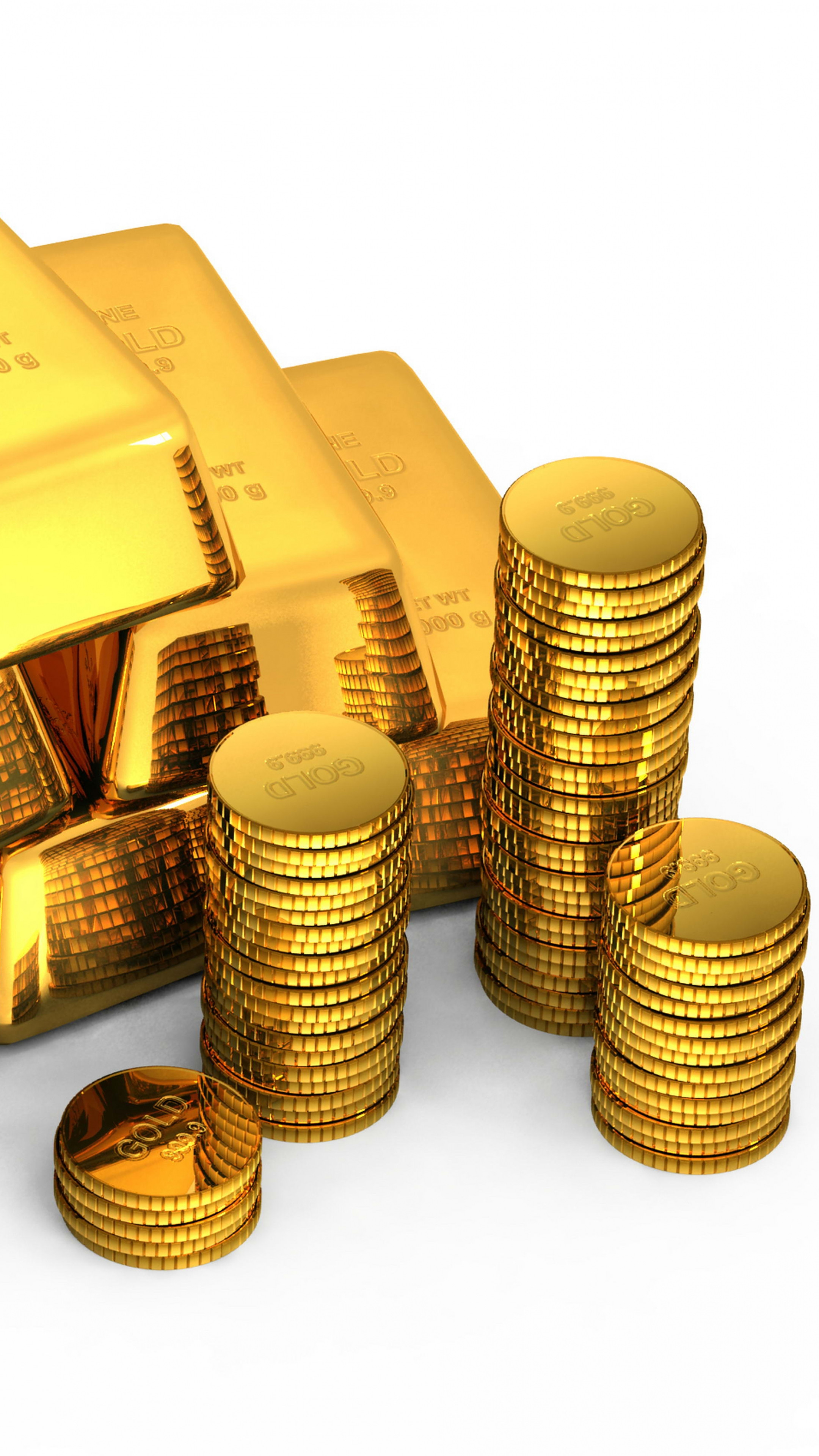 2160x3840  Wallpaper gold, bullion, coins, white background, money