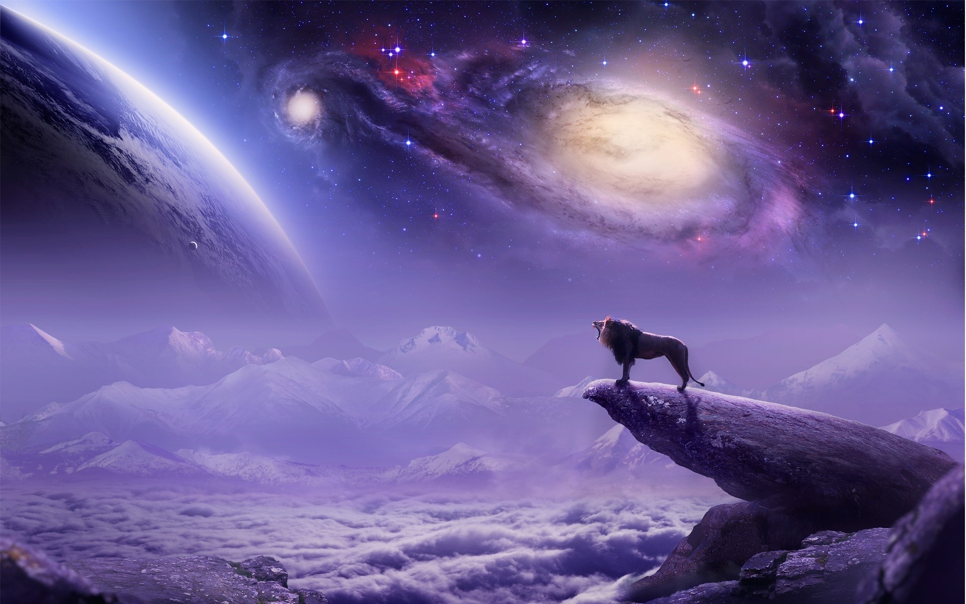 1920x1200 paintings airbrush cg digital art lion landscapes fantasy mountains clouds  dream king sci fi sky stars