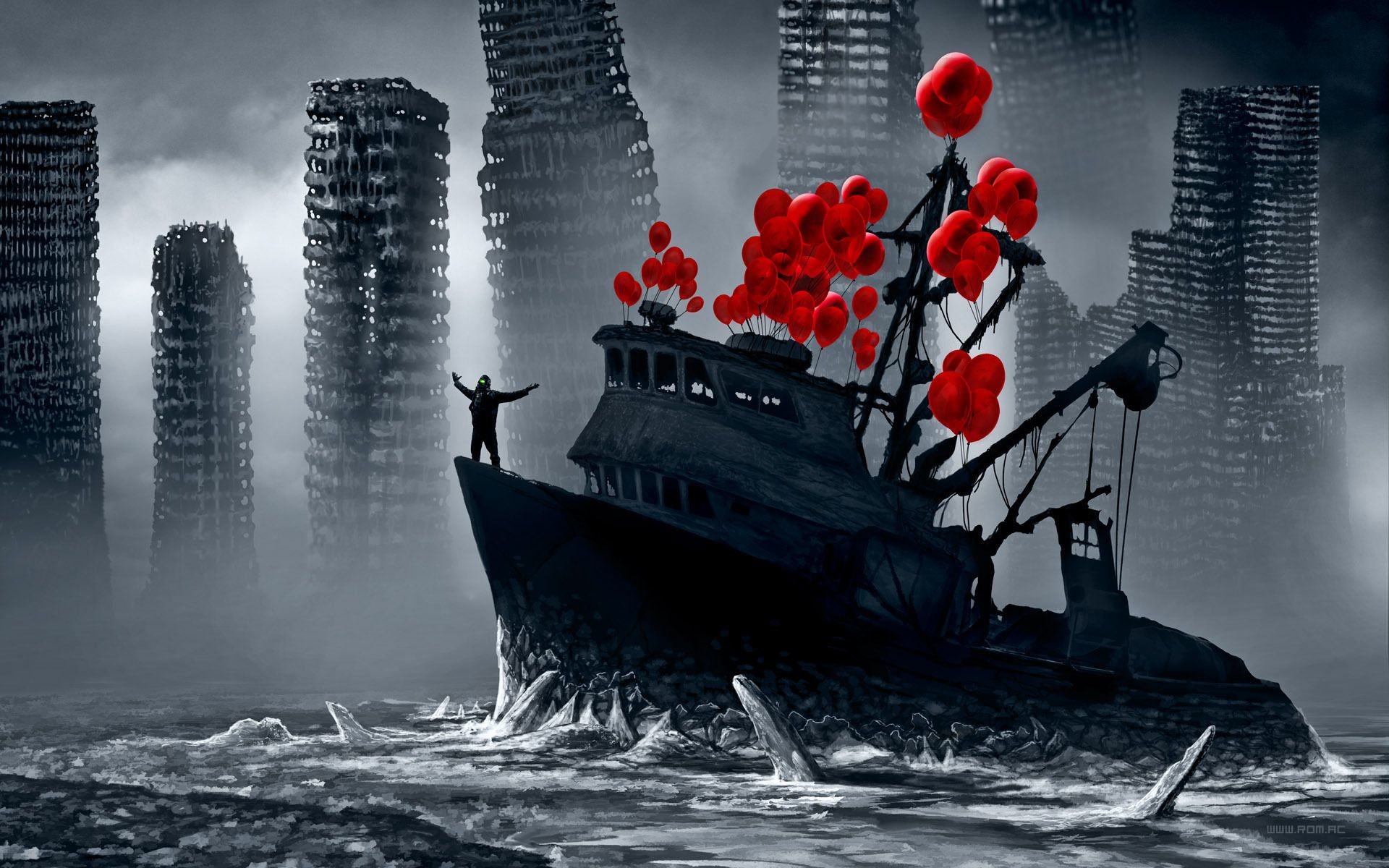 1920x1200 Romantically Apocalyptic heroes comics comic sci-fi futuristic dark boat  balloons wallpaper |  |