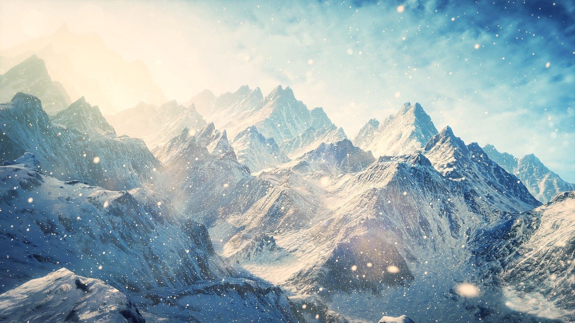 1920x1080  Wallpaper skyrim, mountains, winter, snow, shine, glare