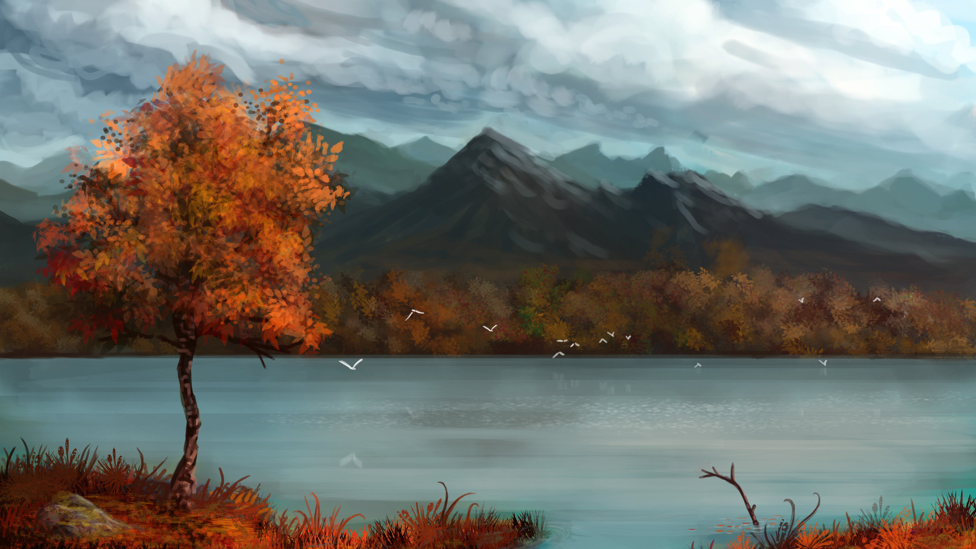 1920x1080 Autumn Forest Rivers Lakes Backgrounds | paintings art landscapes lakes  mountains sky clouds tree forest autumn