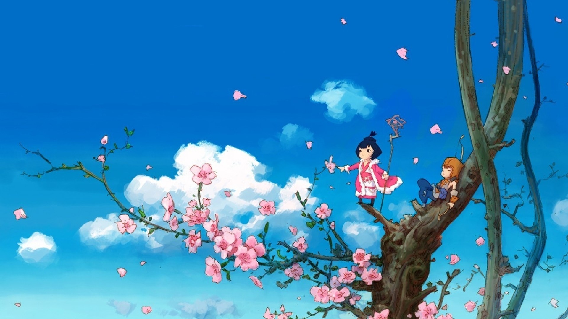 1920x1080  Wallpaper anime, tree, sky, clouds