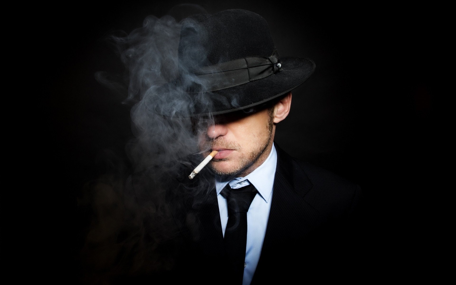 1920x1200 bind suit man black background smoke hat