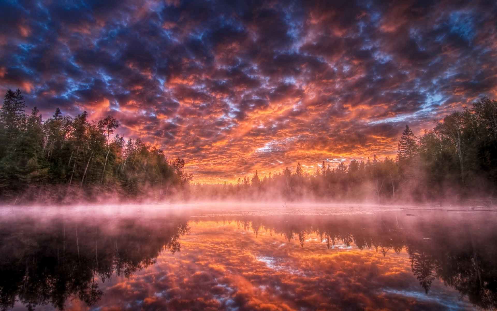 1920x1200 Lakes Clouds Color Forest Reflection Sunrise Trees Sunset Nature Landscapes  Sky Fog Water Scenery Wallpaper Free Download