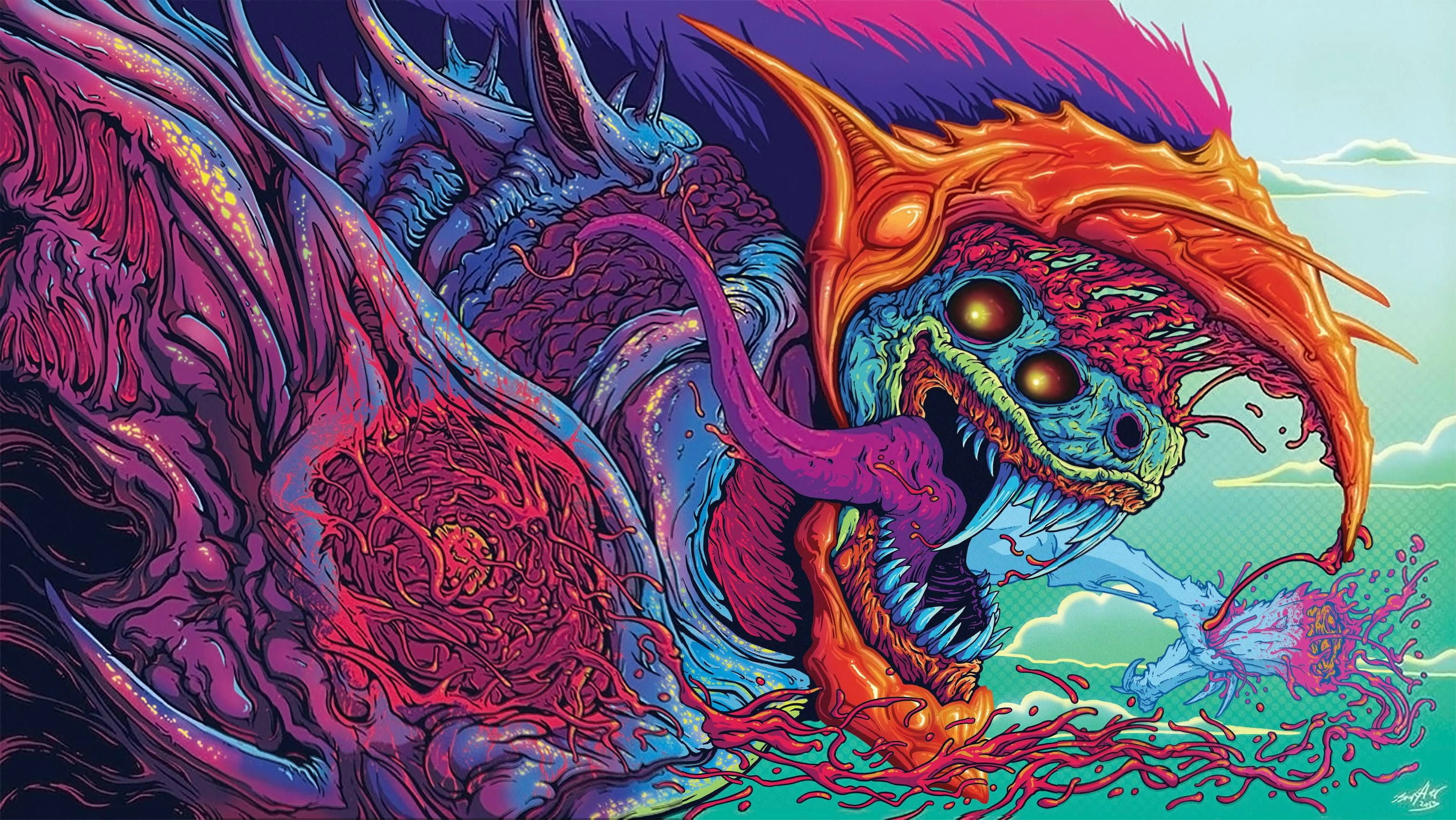 3070x1728 pink and blue bird monster illustration, psychedelic, abstract, creature,  trippy HD wallpaper