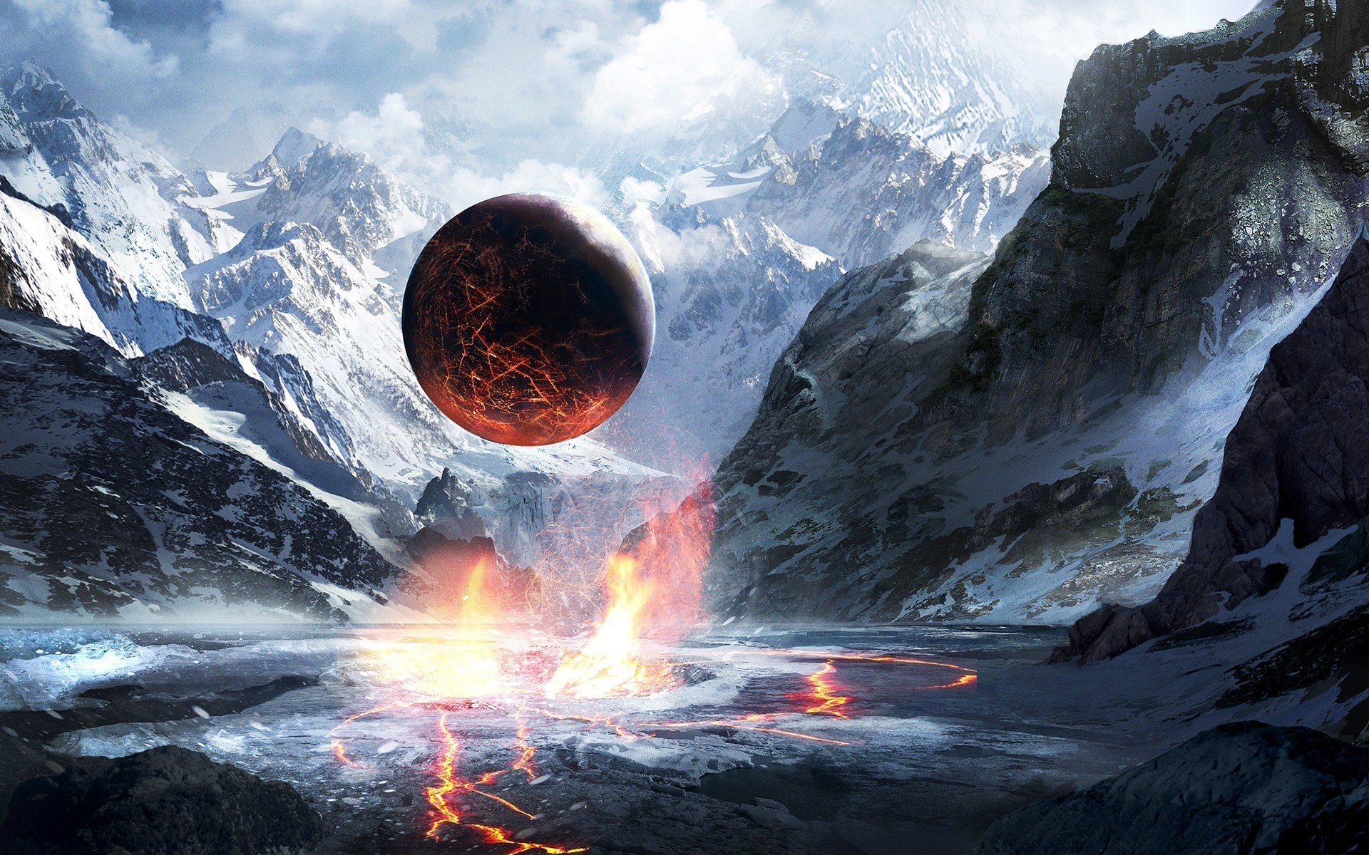 1920x1200 mountain, Snow, Artwork, Fantasy Art, Sphere, Lava Wallpapers HD / Desktop  and Mobile Backgrounds