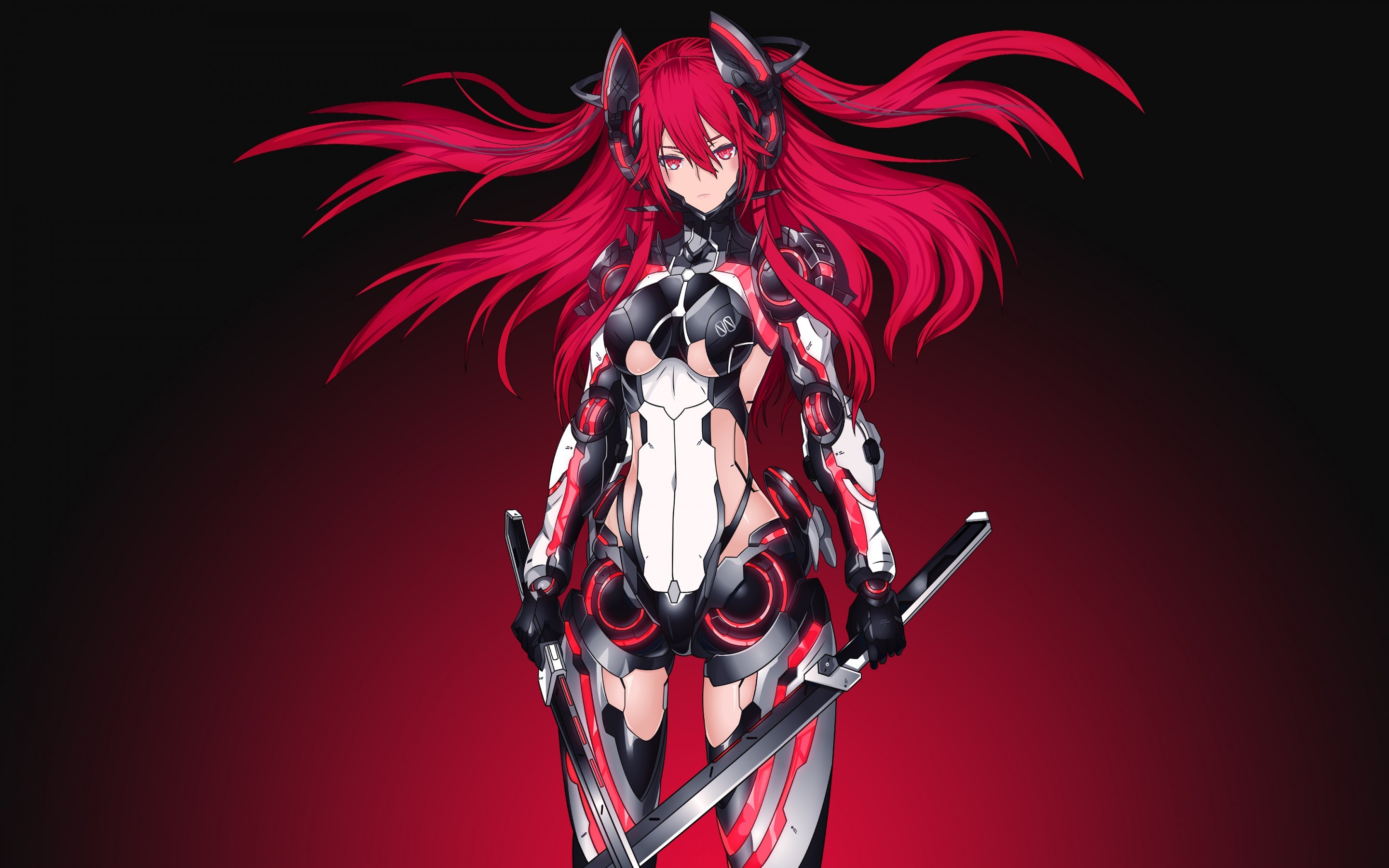 2880x1800 Anime. Mecha Girl, Red, Warrior, Katana, 4K