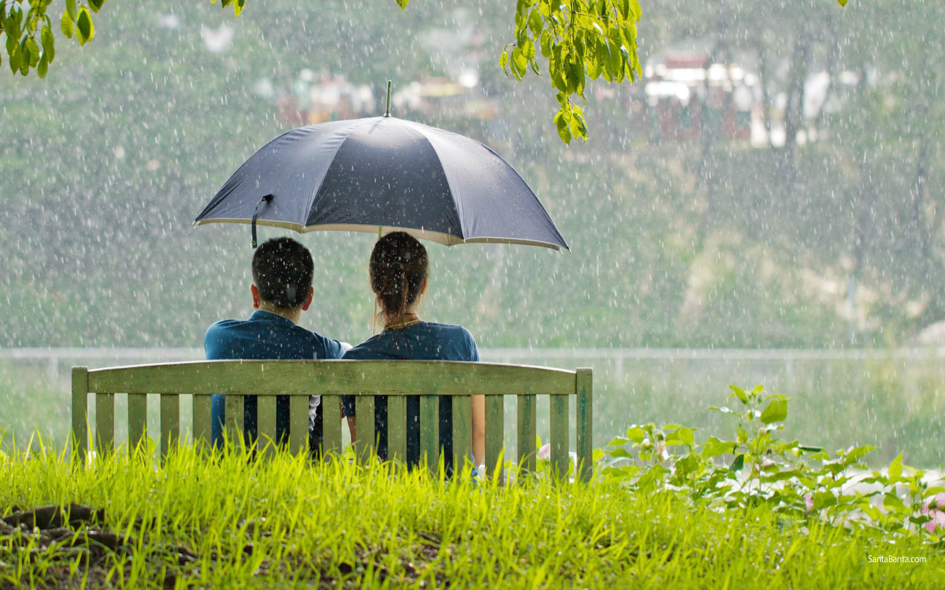 1920x1200 Romantic couple sitting in park while raining