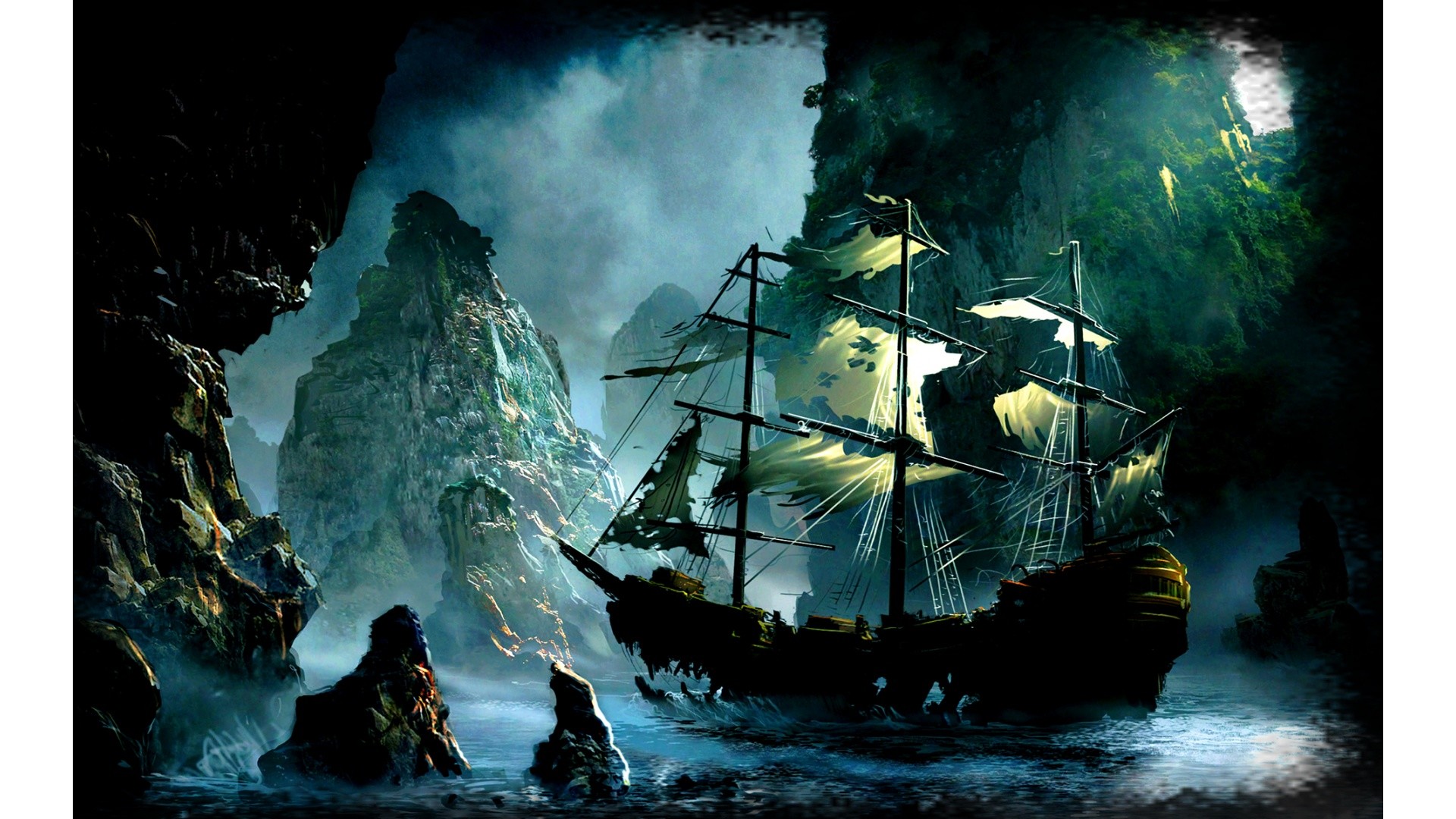 1920x1080 tags sea ship rocks fantasy world imaginary pirate ship ghost ship 