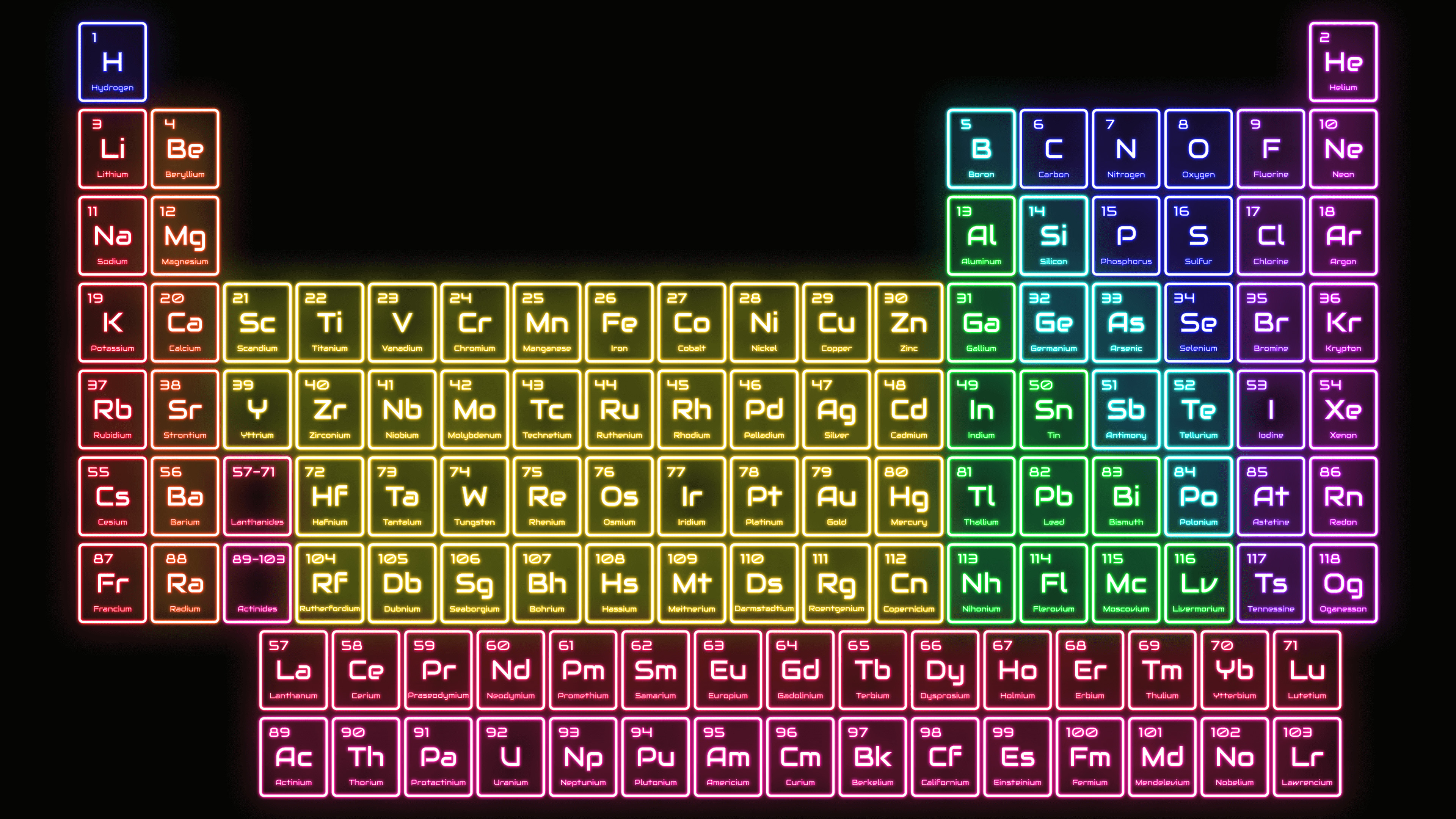3840x2160 This colorful neon lights periodic table wallpaper shines brightly with a  subtle glow. Contains the