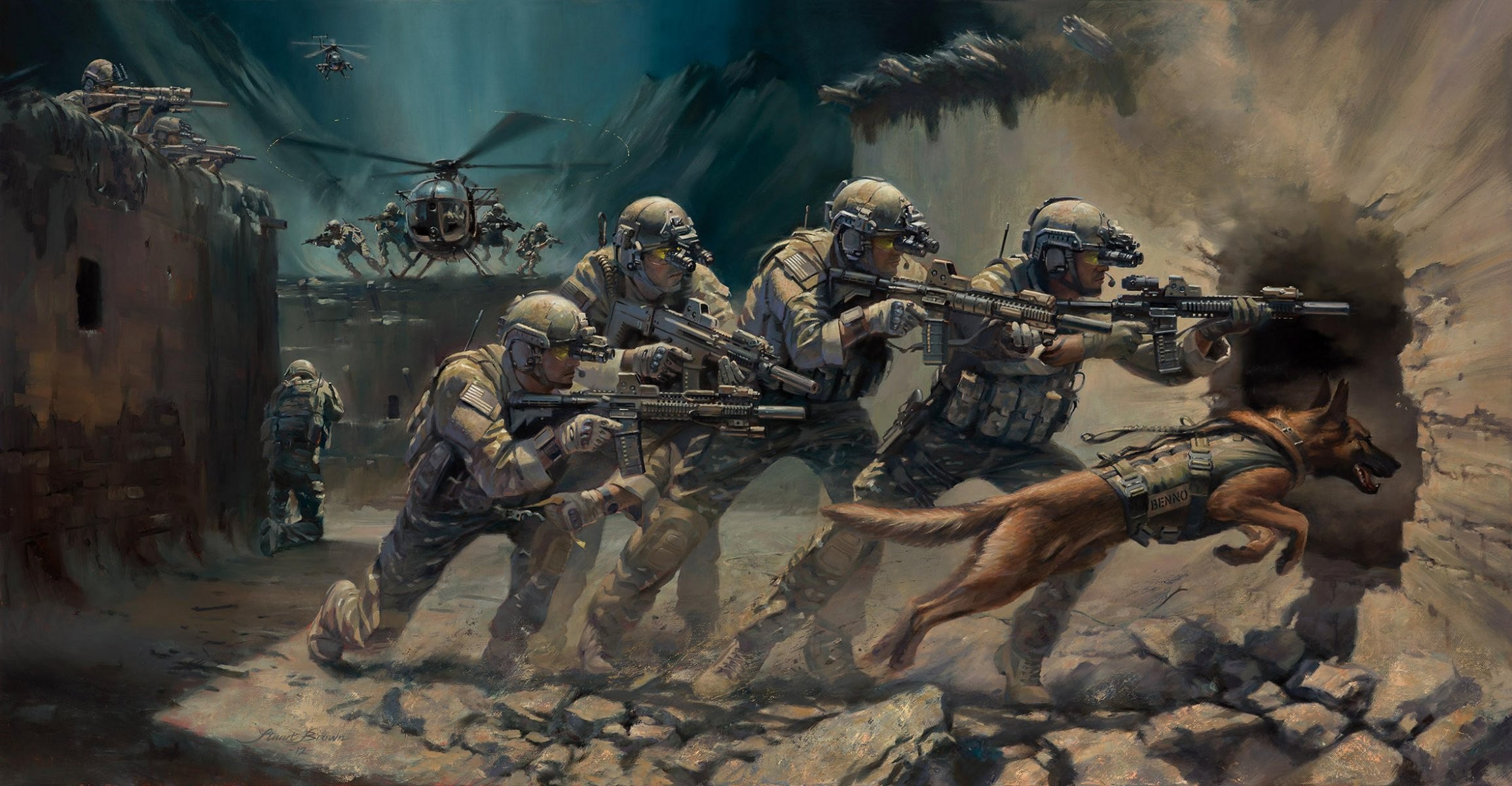 2309x1200 art men special forces assault rifles weapon industrial complex dog capture  the operation helicopters