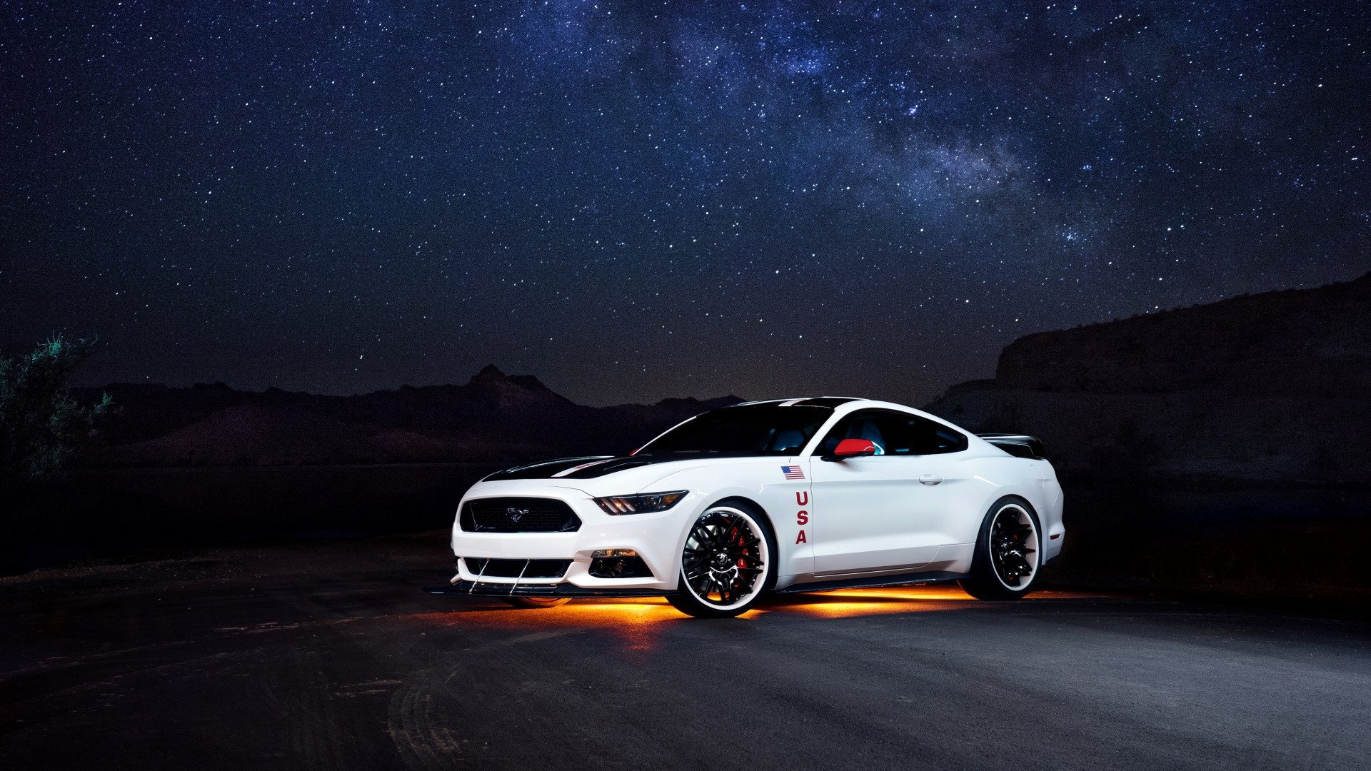 1920x1080 Preview wallpaper ford, mustang, white, side view, night 