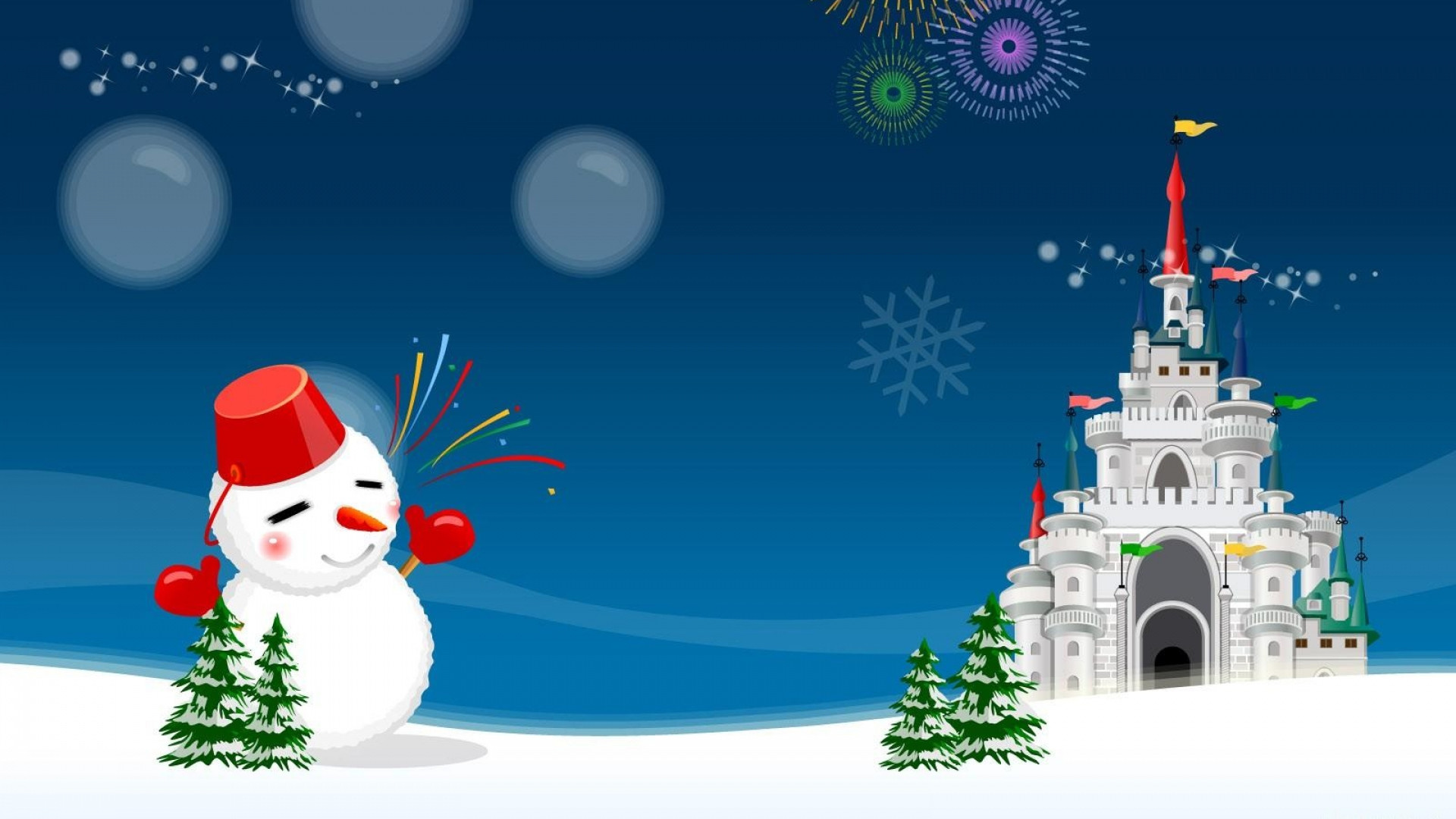 1920x1080 Preview wallpaper snowman, castle, fireworks, holiday, christmas trees,  christmas 