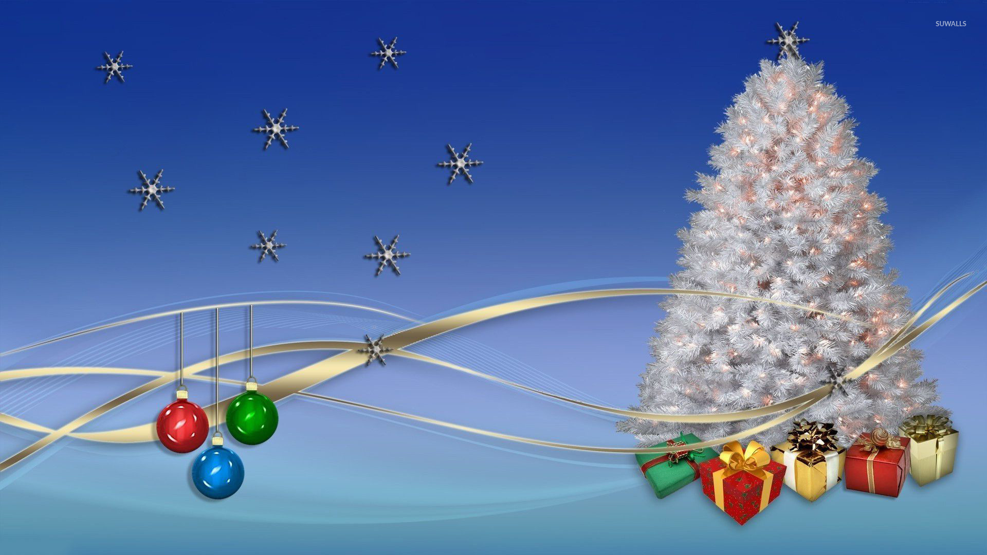 1920x1080 Lights in a white Christmas tree with a snowflake on top wallpaper