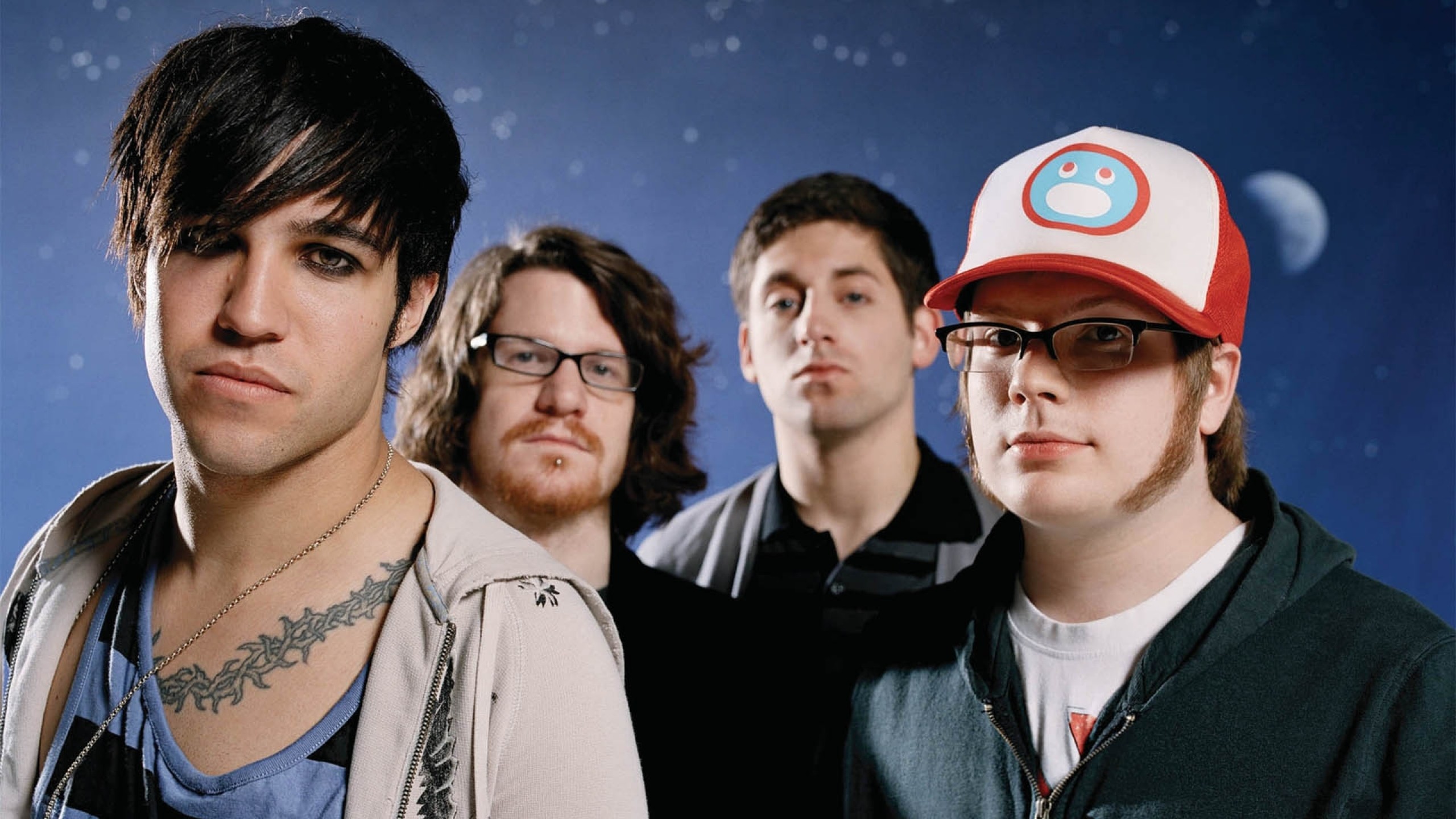 2560x1440 Preview wallpaper fall out boy, tattoo, band, sky, moon 
