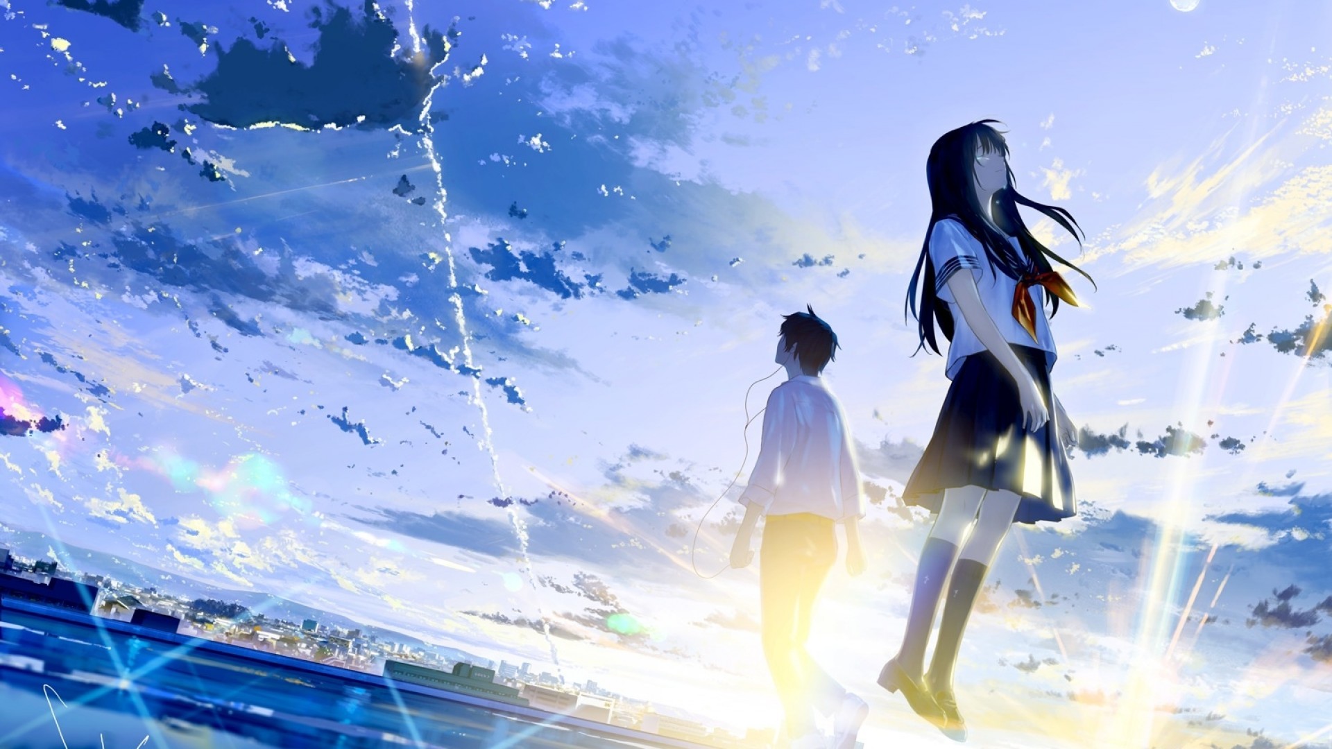 1920x1080 Anime Couple, Crying, Tears, Sky, Scenic, School Uniform, Clouds